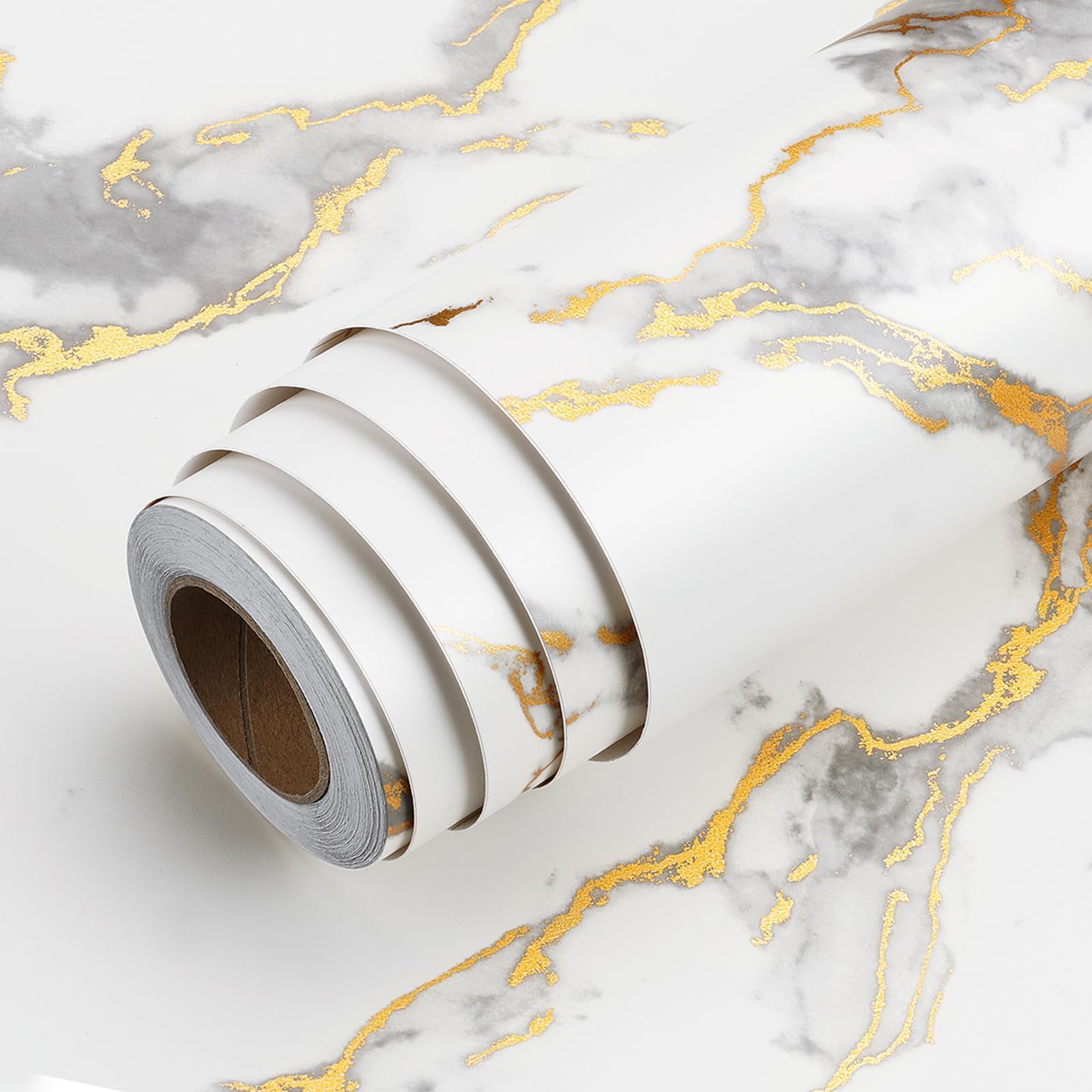 LACHEERY White Gold Marble Vinyl Wrap Kitchen Worktop Matt 40cm x 200cm White Marble Sticky Back Plastic Grey Roll Waterproof Self Adhesive Wallpaper Contact Paper for Kitchen Countertops Cabinets — image 1
