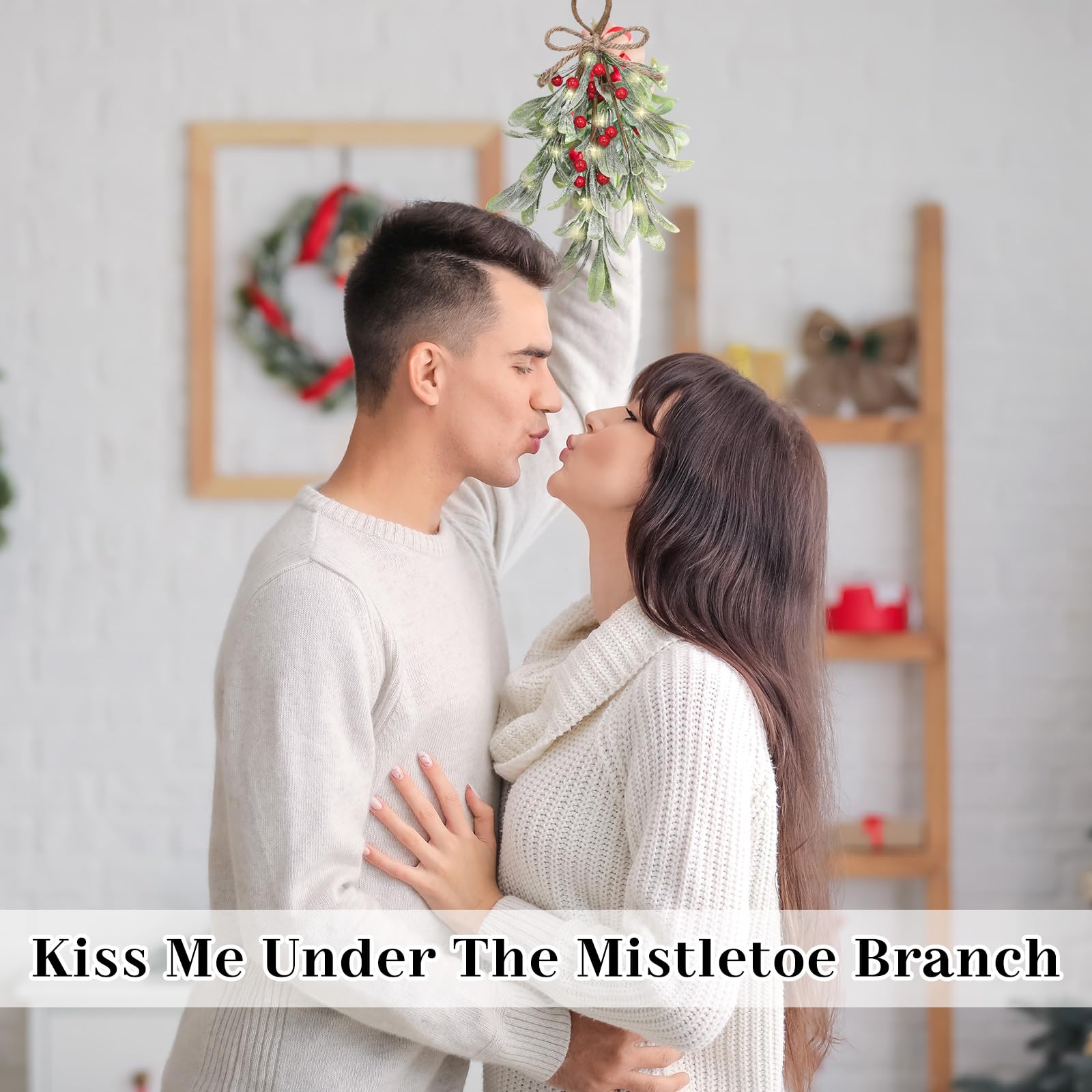 Dilunave Künstlicher Mistelzweig Pick, Büffel, karierte Schleife, weiße Beeren, Mistelzweig, küssende Kugel, Ornament, hängende Weihnachtsbaumschmuck für Weihnachtsfeiern, Dekorationen, Rot, Weiß, 2