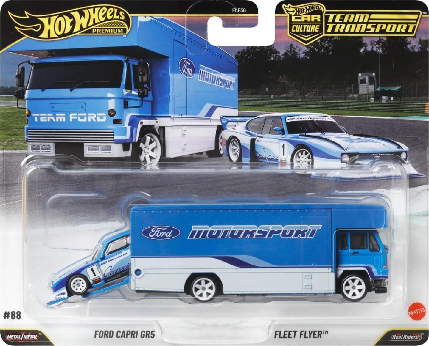 Hot Wheels Team Transport #88 Ford Capri Gr5 & Fleet Flyer, Real Riders, Metallo/Metallo, Scala 1:64