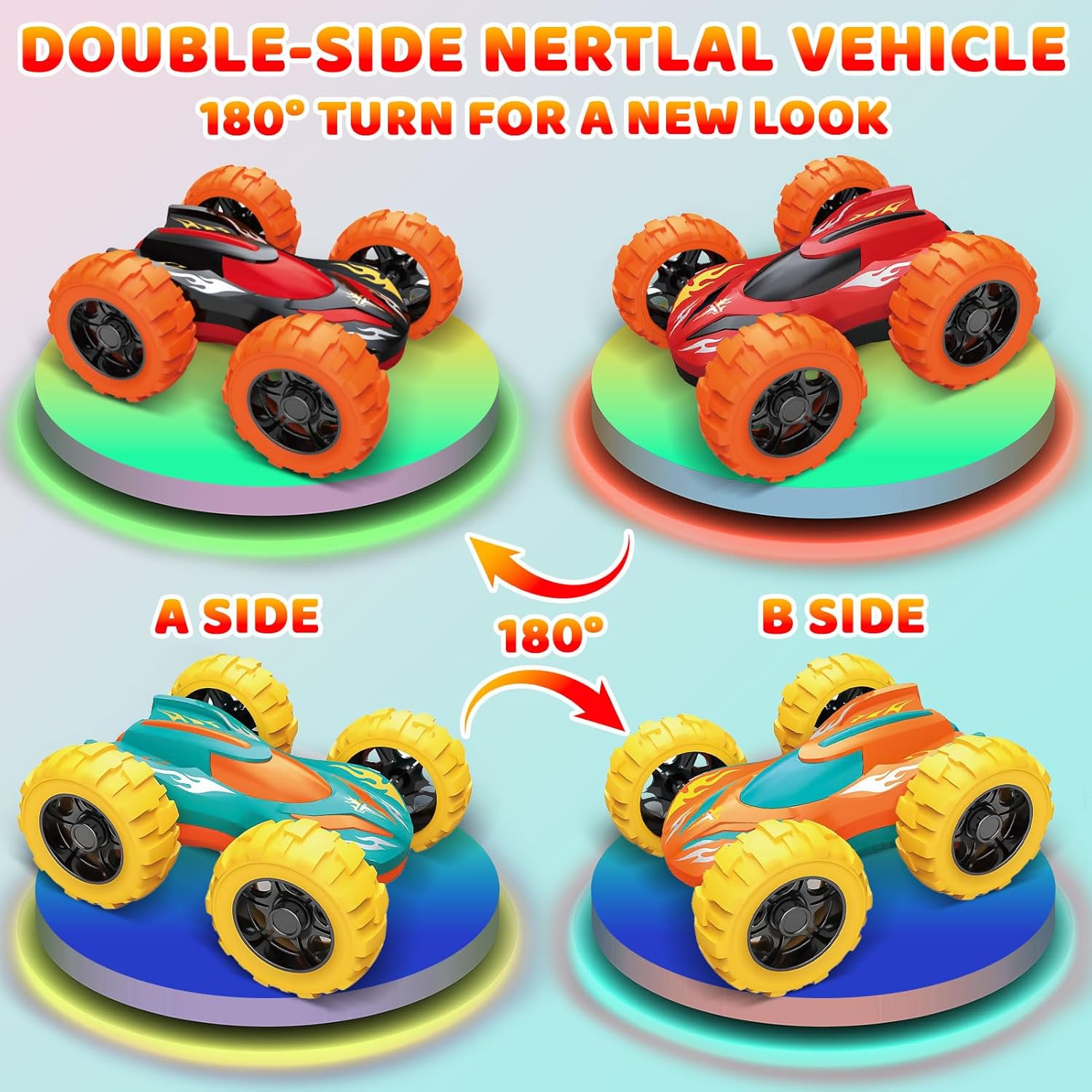 Car Toys for Ages 3-5 Boys, Push and Go Monster Truck Toys for 3 4 5 Year Old Kids, Double-Sided 360° Flip Stunt Car Baby Toy, Sturdy 4WD Cars Toddler Boy Toy, Christmas Birthday Gifts for Boys Girls