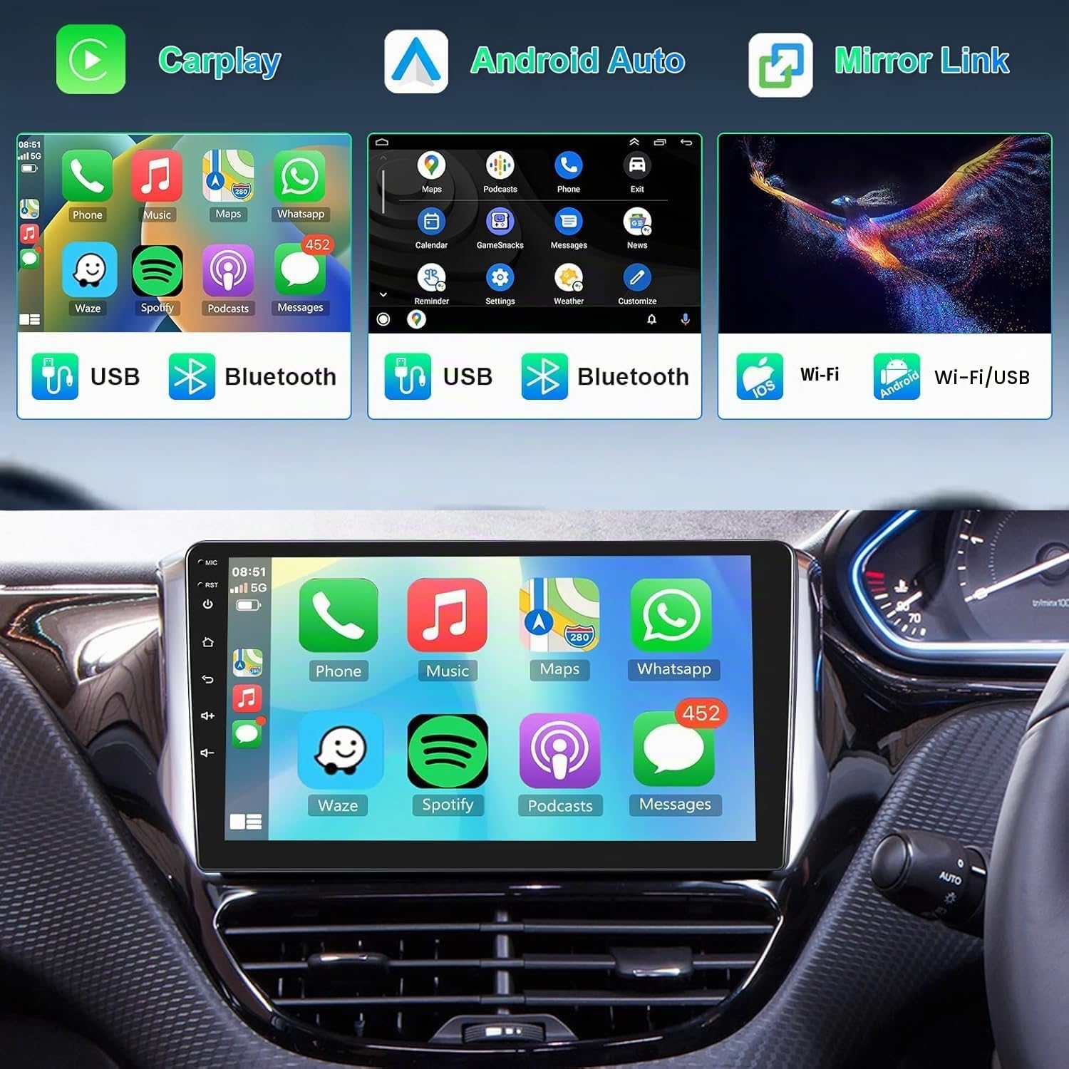 8 Core 4GB+64GB Autoradio per Peugeot 208/2008 2012-2018 Android 10,1 Pollici Touch Schermo GPS Navigazione Wireless Carplay Android Auto, Hodozzy 2 Din Radio Bluetooth DSP WiFi FM RDS, Retromarcia