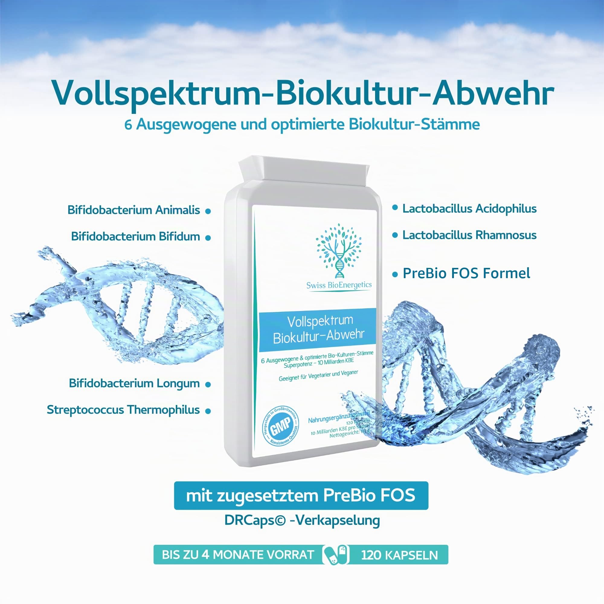 Full Spectrum Bio-Culture Defense – 120 Kapseln – hochwirksame 10 Milliarden lebende CFU Multi-Strain-Biokulturen + FOS-Formel – neueste DRCaps©-Verkapselung zum Schutz vor Magensäure