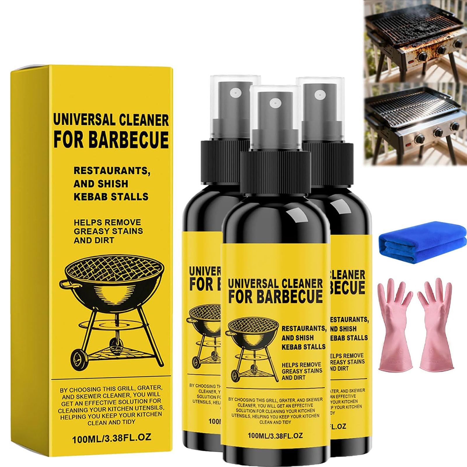 Universal-Grillreiniger für stark verschmutzte Grills – Leistungsstarkes Entfettungsspray – Entfernt effektiv Fett – Geeignet für Außengrills, Backöfen, Mikrowellen und Küchenzubehör (3pcs)