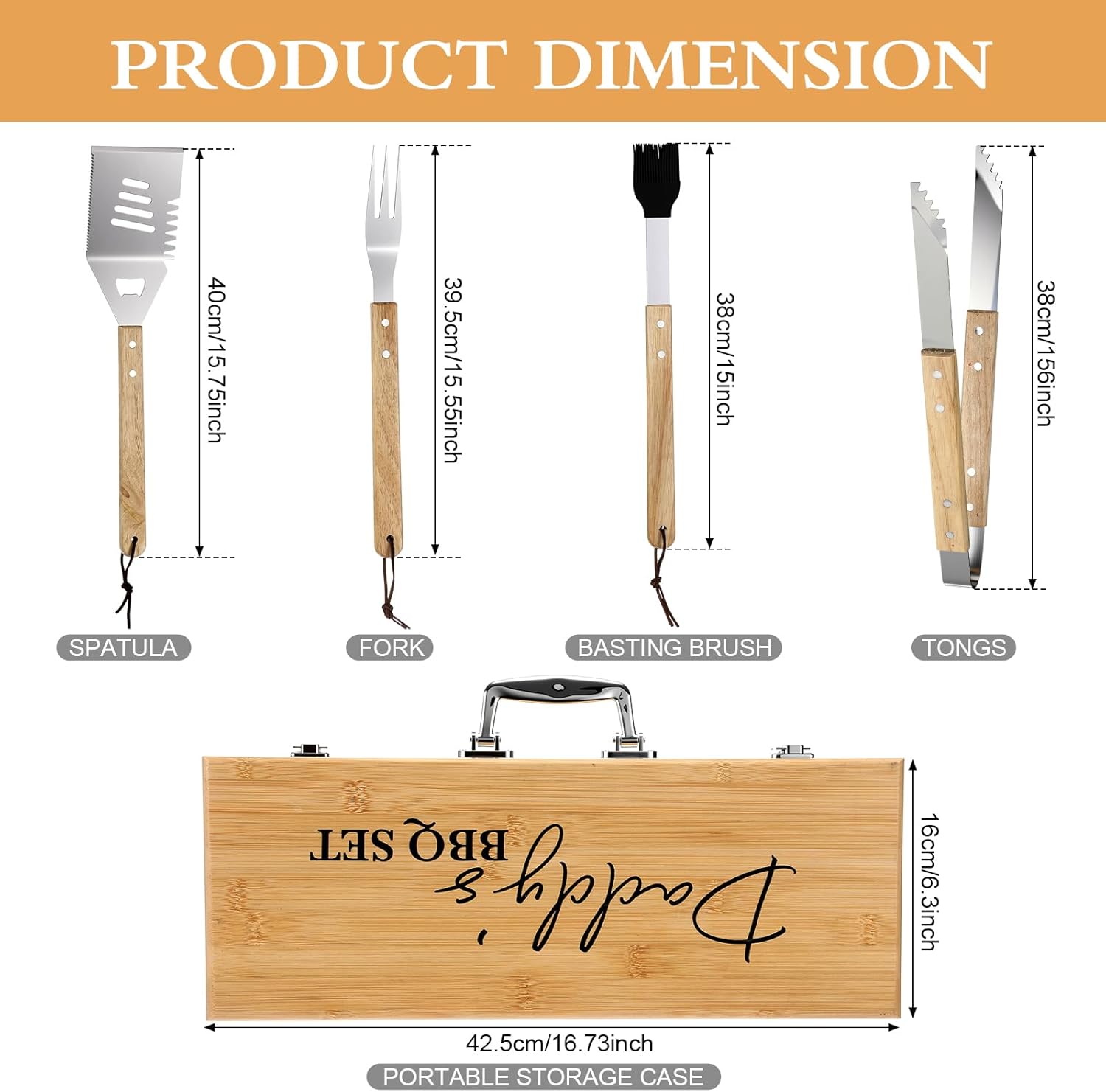 Pangda BBQ Accessories Grill Tools Set with Wooden Storage Case - 4 Pcs Grilling Accessories Gift for Dad Stainless Steel for Outdoor with Tongs Spatula Fork and Basting Brush Grilling Gifts