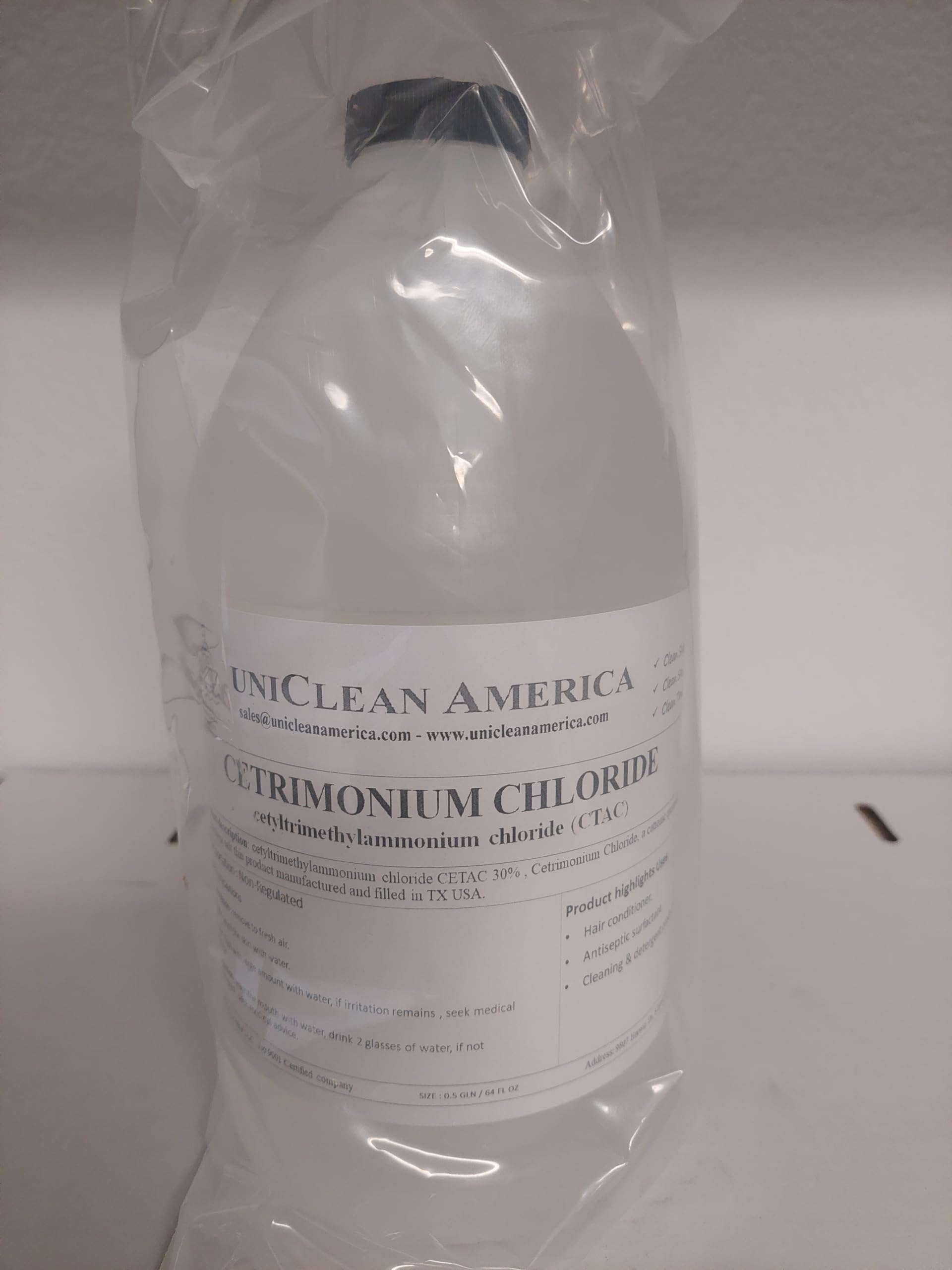 Cetrimonium Chloride - CETAC 30 Cetyl Trimethyl Ammonium Chloride - UniClean America - Made in USA - Size: 64 fl oz
