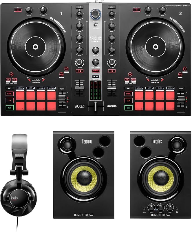Kit DJ Essentials: kit de inicio completo con software y tutorial | Incluye controlador de DJ todo en uno para principiantes con parlantes y auriculares. Software DJUCED y Serato DJ Lite