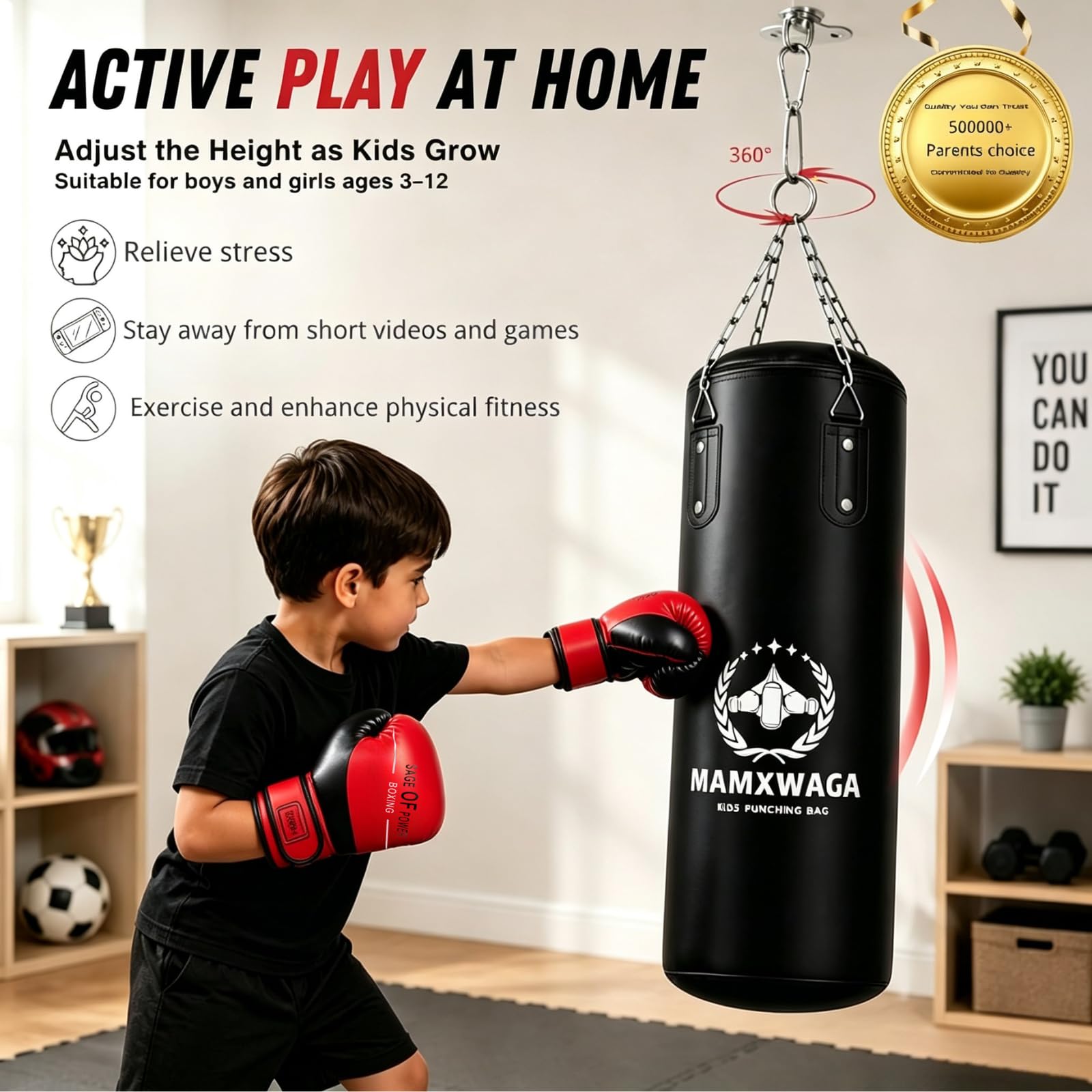 Hängend Boxsack Set für Kinder und Jugendliche 2FT PU Boxsack Ungefüllt mit 6OZ Boxhandschuhen und Edelstahl Aufhänger Punchingsack für 3-12 Jahre