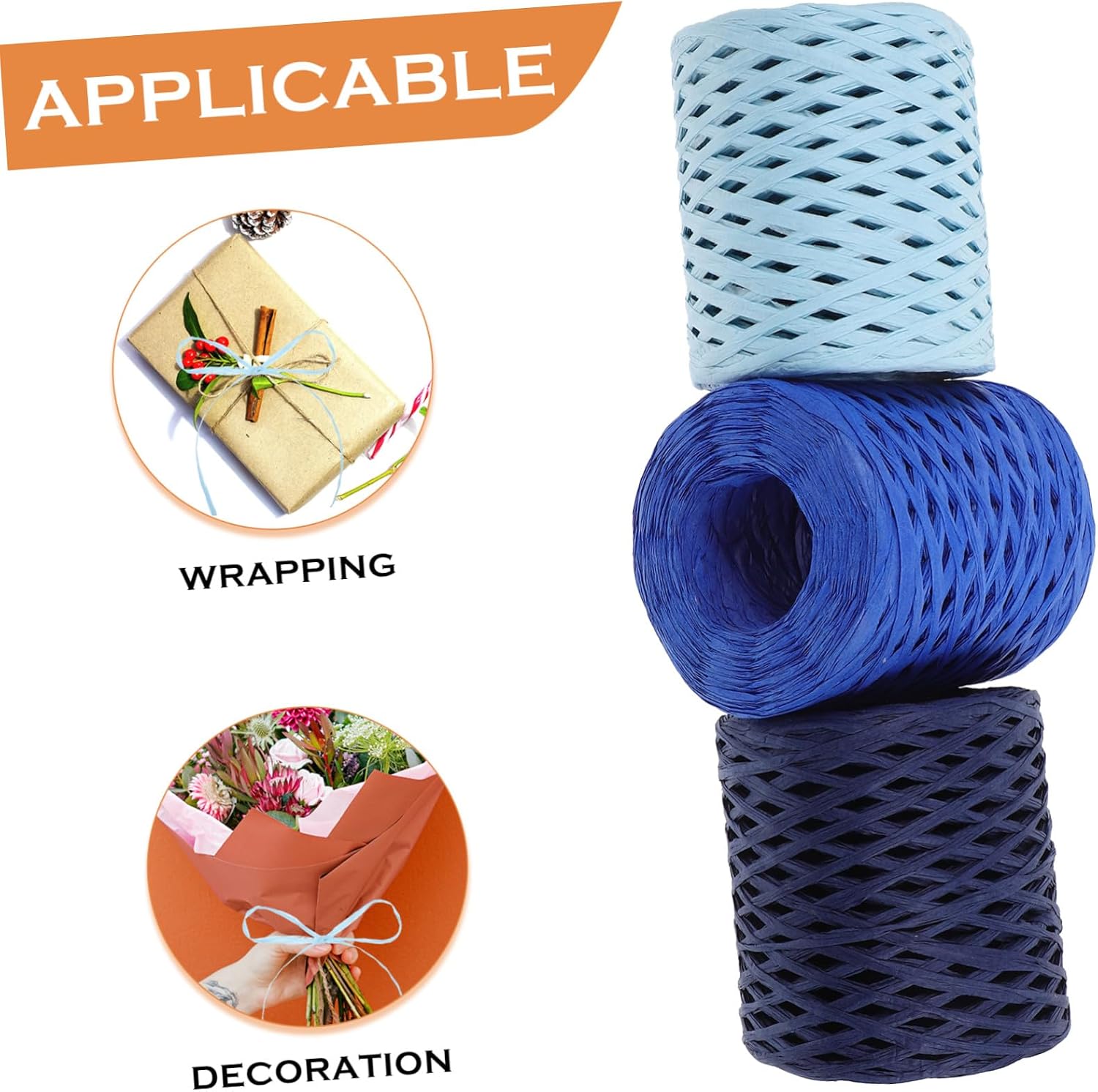 3 Rolls Colorful Raffia Paper Ribbon DIY Craft Twisted Rope for Wrapping Bouquet Decoration Party Present Ribbon in Sky Blue Royal Blue