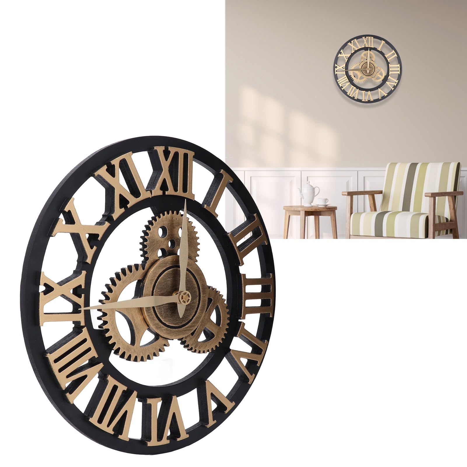 Reloj de pared retro 3D grande de 34 cm con engranajes de madera vintage con números de estilo industrial, reloj de pared con engranajes móviles, reloj de pared para el hogar, sala de estar