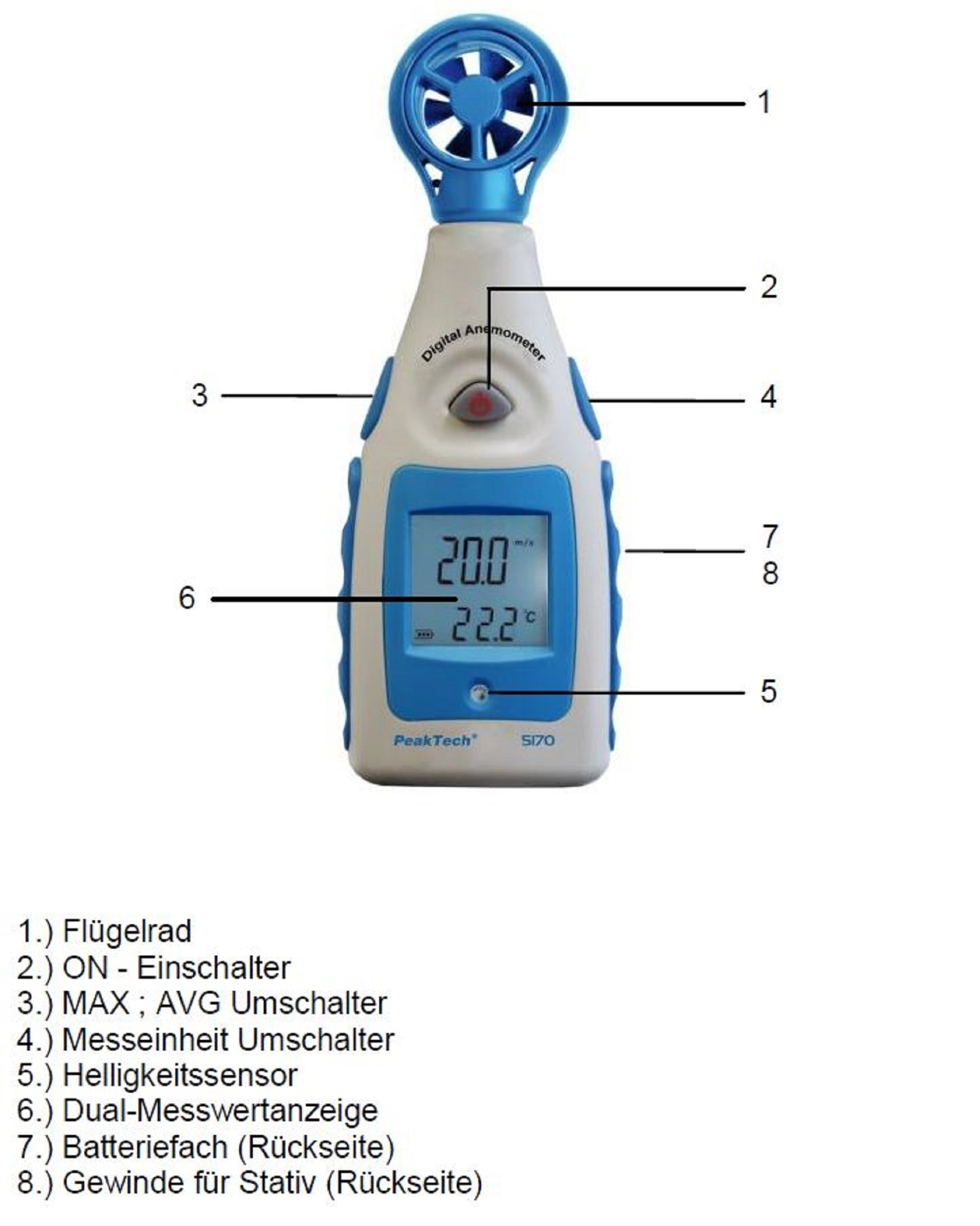 PeakTech P 5170 Flügelrad Anemometer Digital, Windmessgerät für Windgeschwindigkeit in Knoten und Windchill mit zusätzlicher Temperaturmessung, 1 Stück