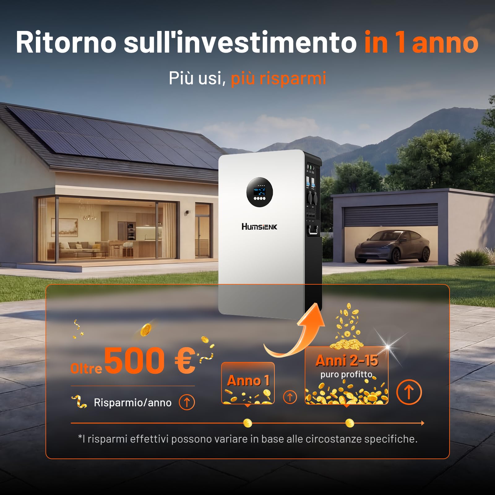 HumsiENK Sistema Solare All-in-One 6-in-1 5kW – Batteria LiFePO4 5.12kWh, Ingresso PV 9000W, MPPT 99.5%, UPS <20ms, BMS 200A con Bilanciamento Attivo 3A per Backup Domestico e Off-Grid