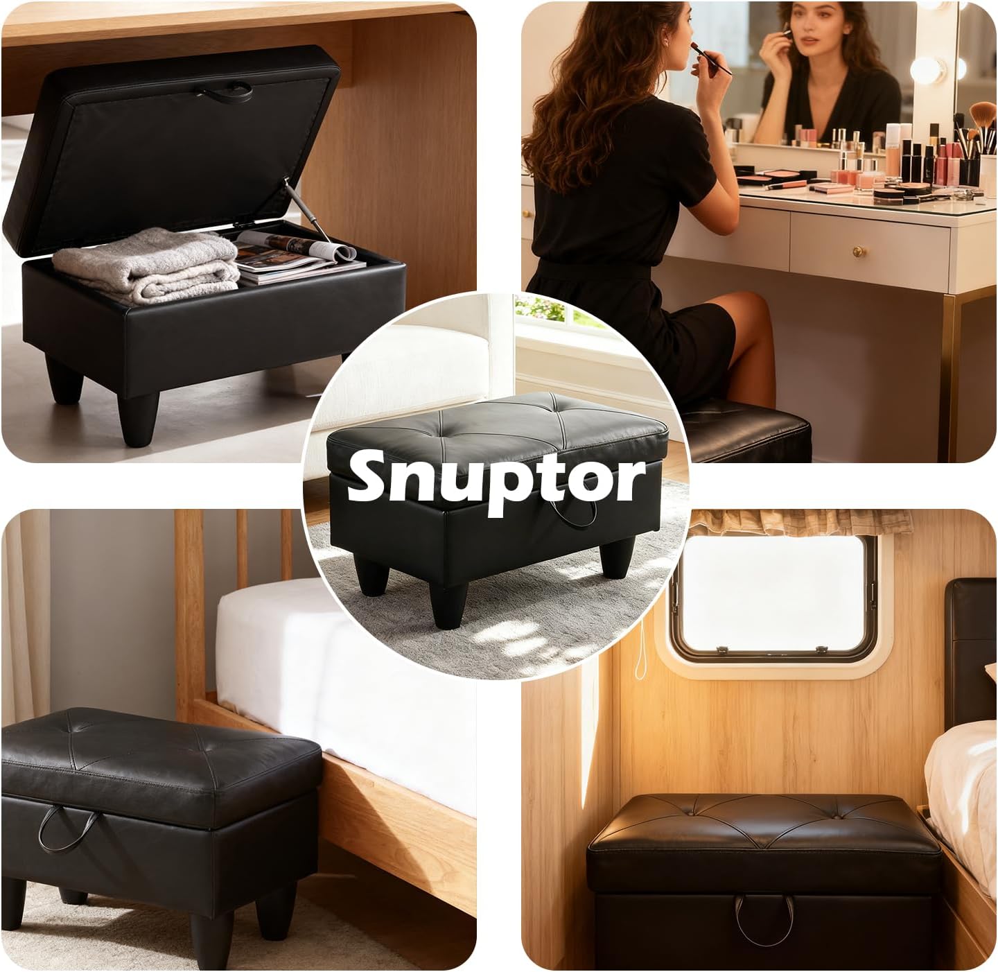 Leather Storage Ottoman Footstool Bench for Living Room Furniture,28.5" Large Square Foot Rest Stool Coffee Table,Leather Sofa Chair for Home Decor,Living Room,Bedroom,Apartment,Rv Car(Black)