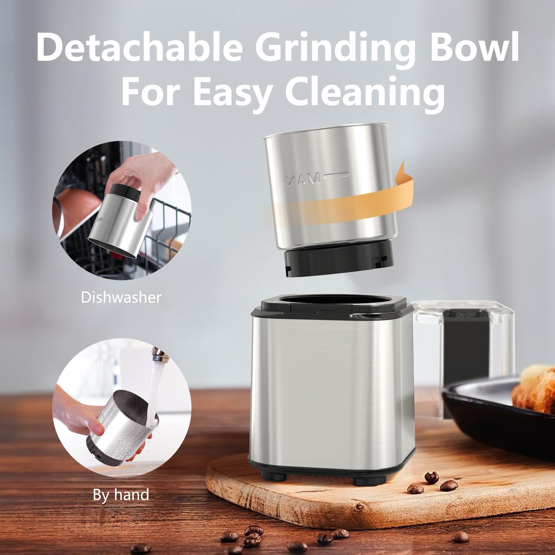 OMISOON Macina Caffe' Elettrico 150W, Macinacaffè Elettrico con Contenitori Rimovibili in acciaio inossidabile, 60g Capacità, per Chicchi di Caffè, Spezie, Cereali, Pepe, Noci