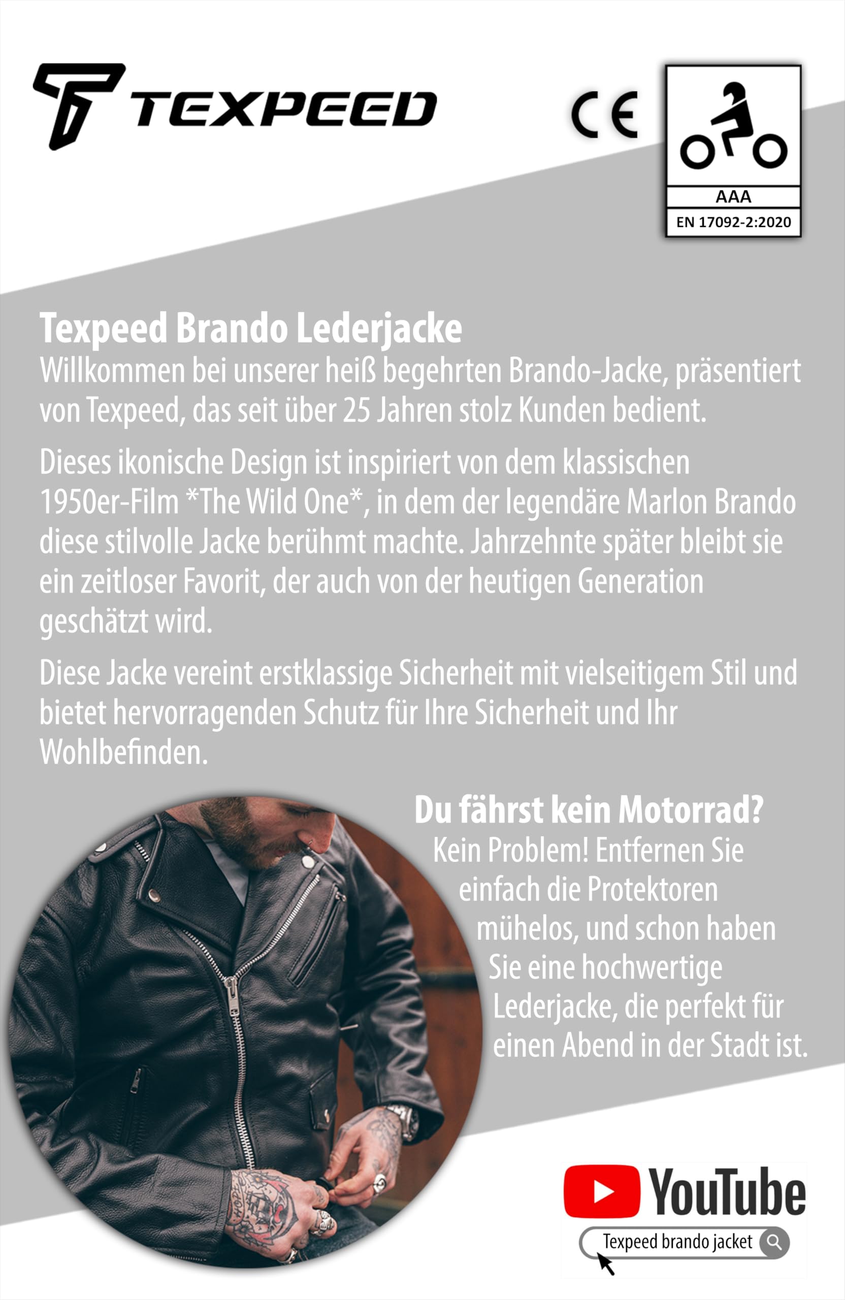 Texpeed Motorrad lederjacke herren mit protektoren - Marlon Brando Retro Chopper Rockerjacke - Mit Original Biker Rüstung (EN 1621-1) Schutz Schwarz - L