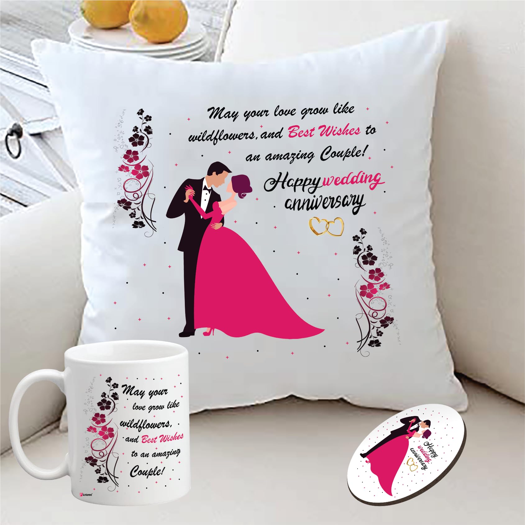 PICRAZEE Wedding for Couples (Gift Combo - Heavy Satin Cushion Cover with Filler, Coffee Mug & Fridge Magnet)