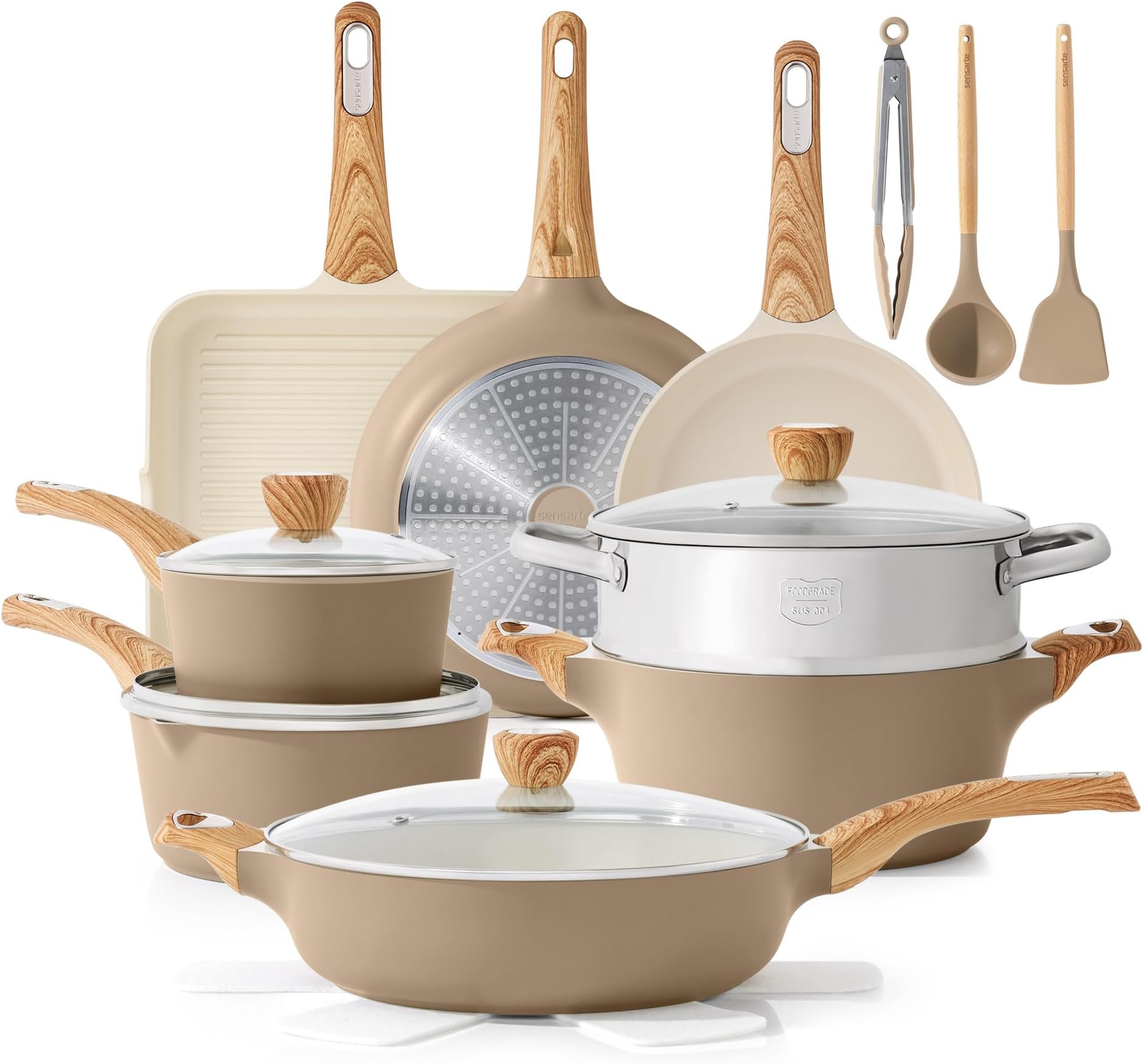 SENSARTE Ceramic Cookware Sets, Pots and Pans Set Nonstick, 20-Piece Induction Cookware, Non-toxic Healthy Non Stick Kitchen Cooking Set with Stay-Cool Handles, PFAS PTFE PFOA PFOS Free