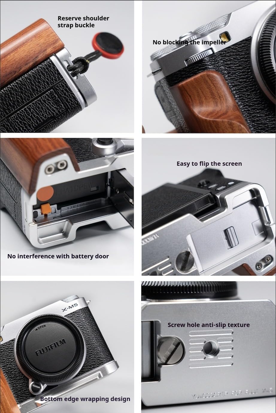 Wood Wooden Aluminum Alloy L Hand Grip Base Plate for Fuji Film XM5 Camera (Walnut + Black Base)