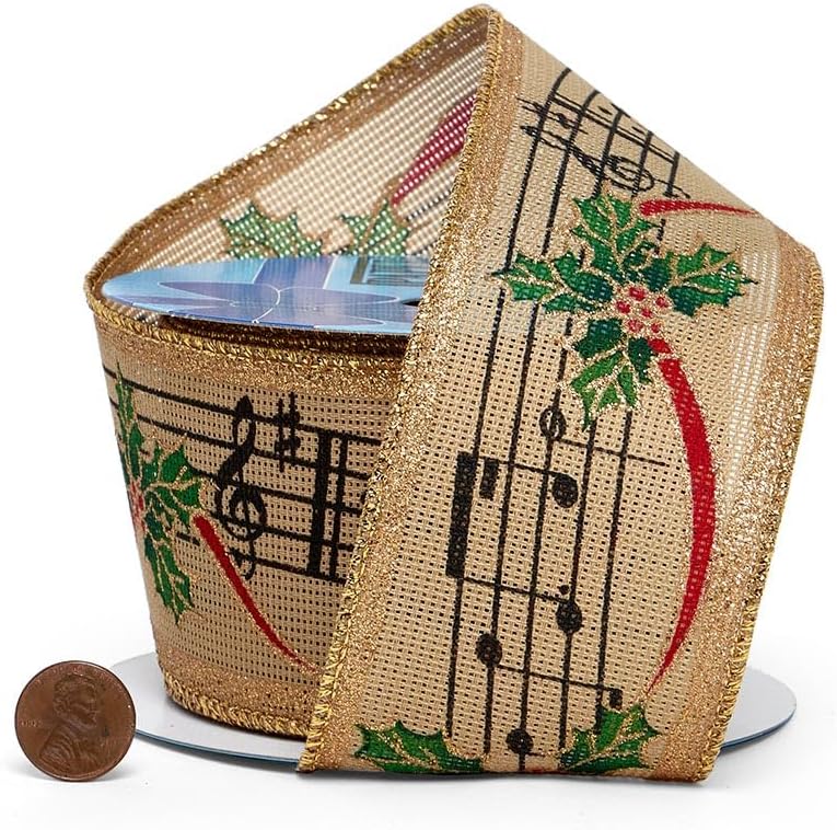 2 1/2" X 10 Yards Christmas Music Natural Wired Ribbon