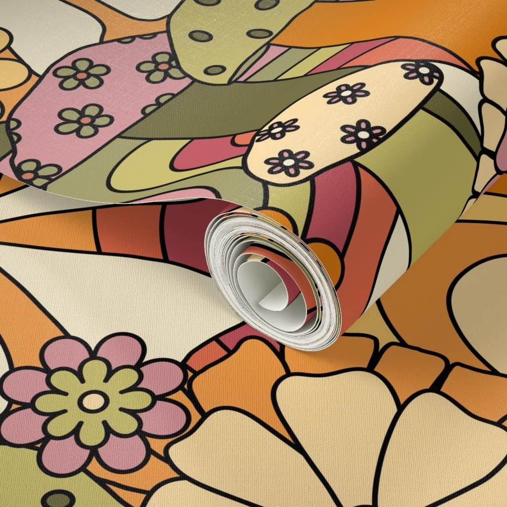 Spoonflower Peel & Stick Wallpaper 3ft x 2ft - Groovy Mushroom Garden Custom Removable Wallpaper