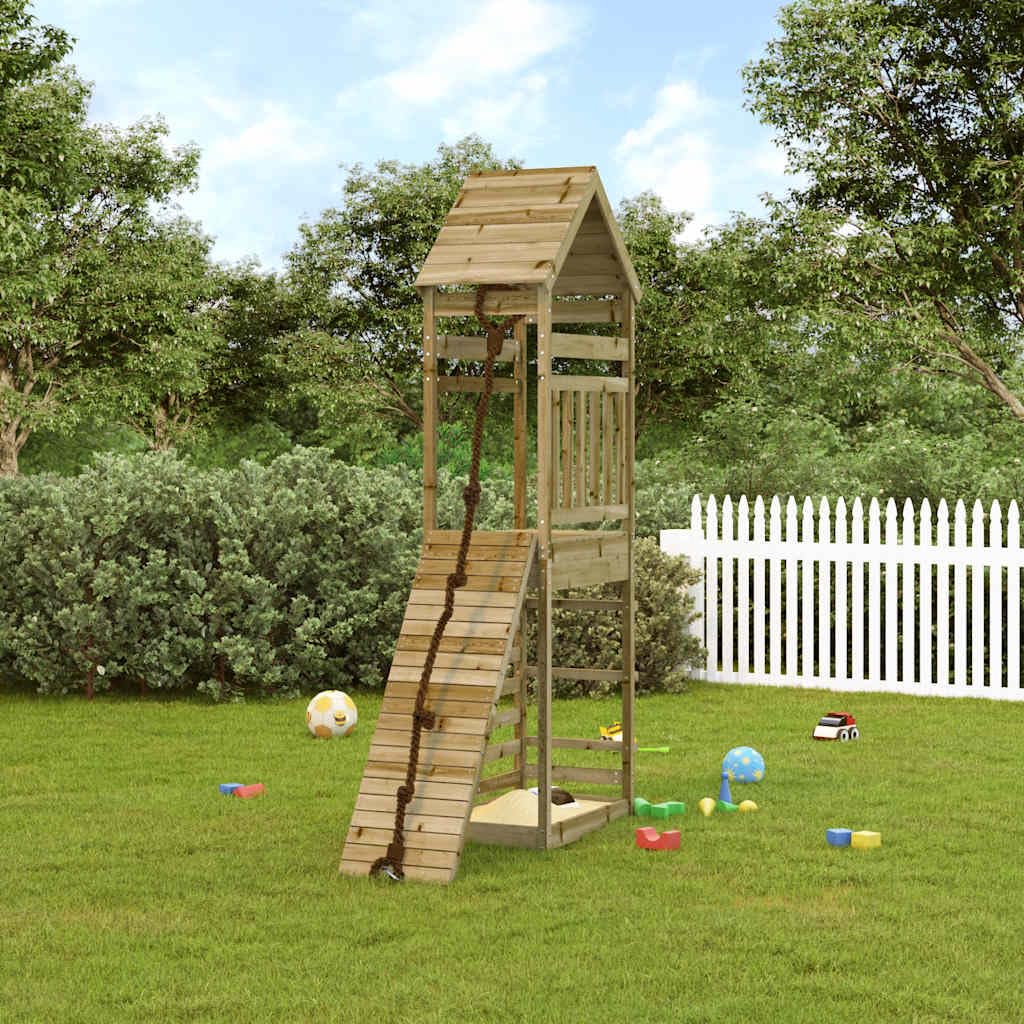 Torre da gioco con parete da arrampicata in legno di pino impregnato, piedistallo da 90 cm, box da arrampicata con sabbiera, corda e scala, per giardino, cortile e terrazza, per bambini da 3 a