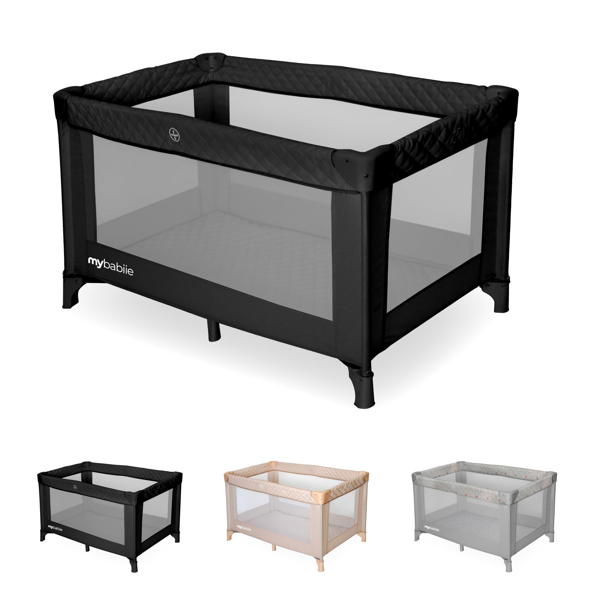 My Babiie Travel Cot - Lightweight, From Birth to 15kg, Easy Fold & Compact, Travel Bag, 120cm x 60cm Padded Mattress - Quilted Black