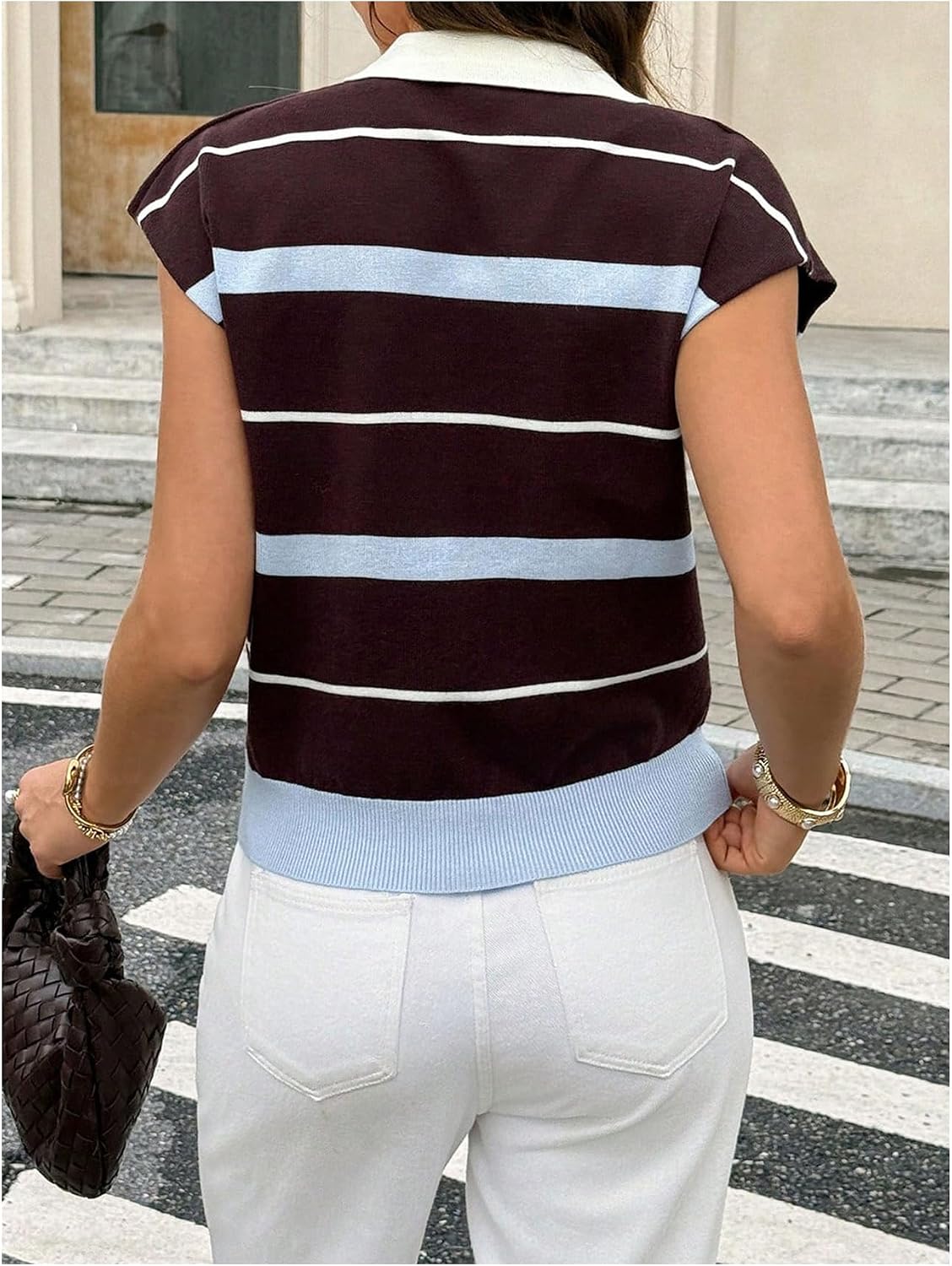 MakeMeChic Women's Striped Sweater Vest Cap Sleeve Collared Rugby Knit Top