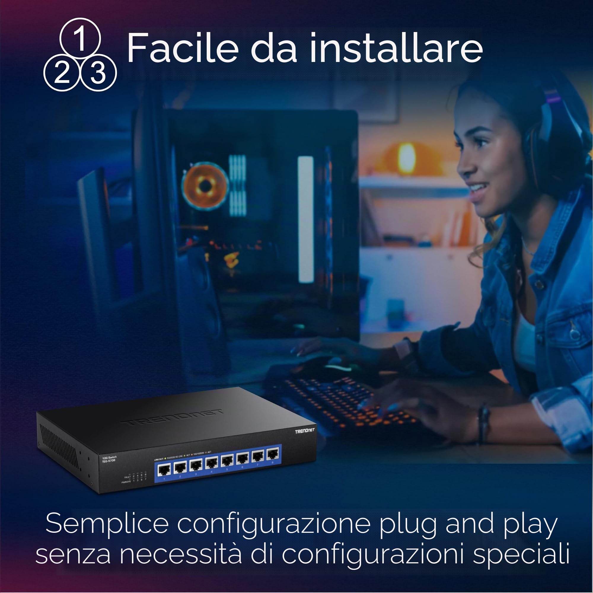 TRENDnet Switch a 8 porte 10G, 8 porte RJ-45 da 10 G, capacità di commutazione 160 Gbps montabile su rack, connessioni di rete 10 Gigabit, protezione a vita, nero, TEG-S708