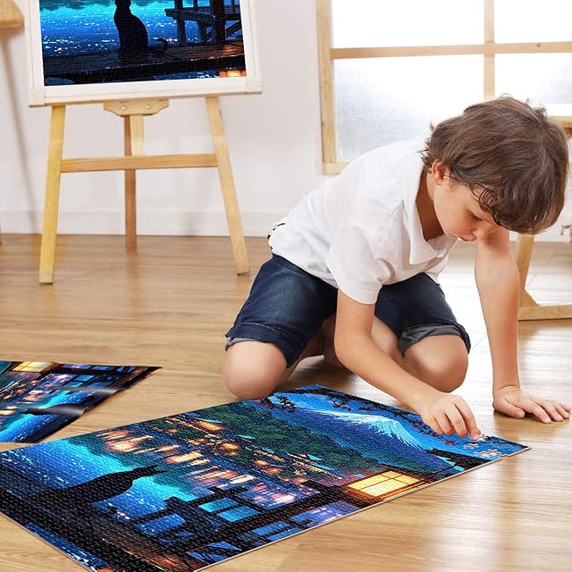 Foto 4 de 6 de Puzzles de 2000 Piezas para Adolescentes Escena Nocturna Japonesa con Gato Juego Intelectual Regalos…