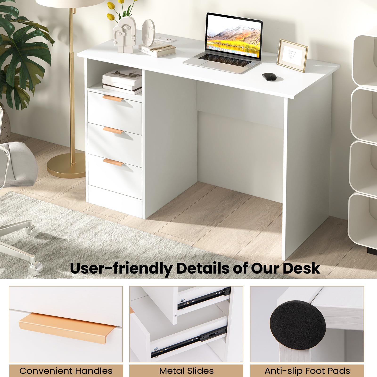LIFEZEAL Scrivania Ufficio Porta Computer, Scirvania Bianca con 3 Cassetti, Scrivaniacon Multipresa, Moderna, Salvaspazio, Postazione di Lavoro, Desk, Scrittoio, Max 135kg, 108x48x76cm, in Legno
