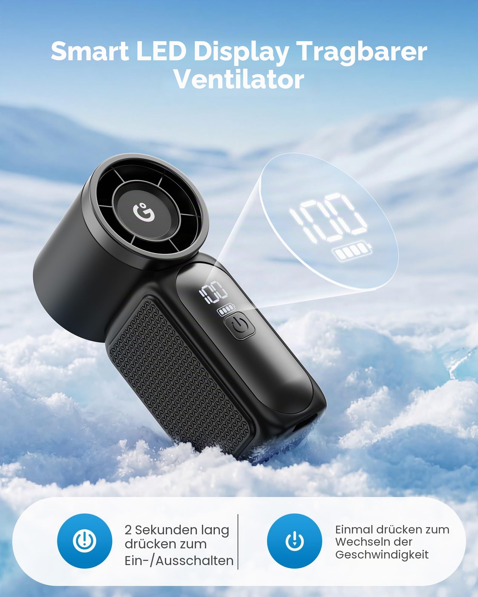 Gaiatop Tragbarer Mini-Handventilator, 6 Geschwindigkeiten, 16900 U/min, hohe Geschwindigkeit, persönlicher Ventilator mit LED-Display, USB-wiederaufladbar, Mini-Ventilator mit Umhängeband für Make-up