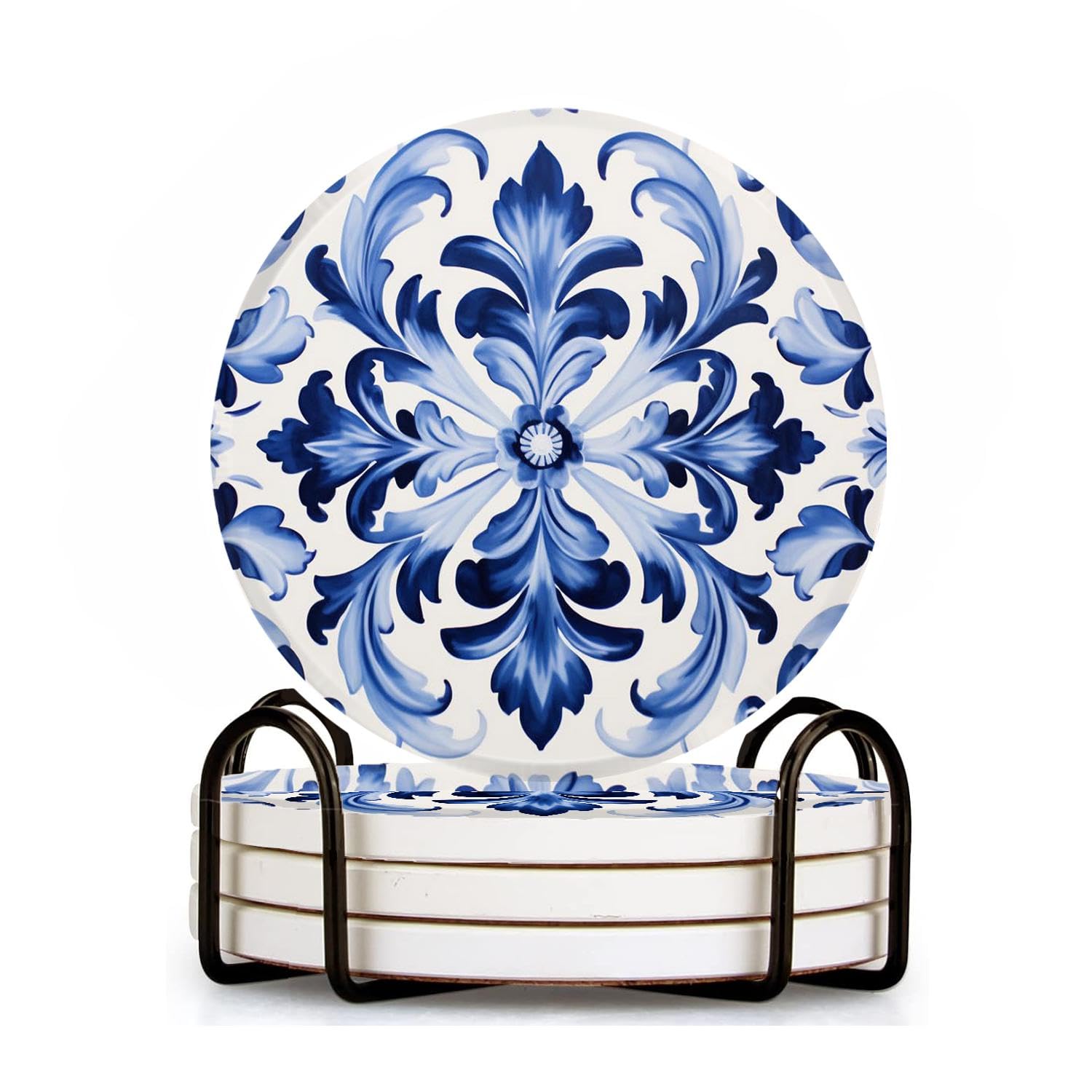 Ceramic Drink Coasters with Holder,Blue Retro Tile Floral Oil Painting Design Water Absorbent Marble Tabletop Protection (Cork Base),Set of 4,Suitable