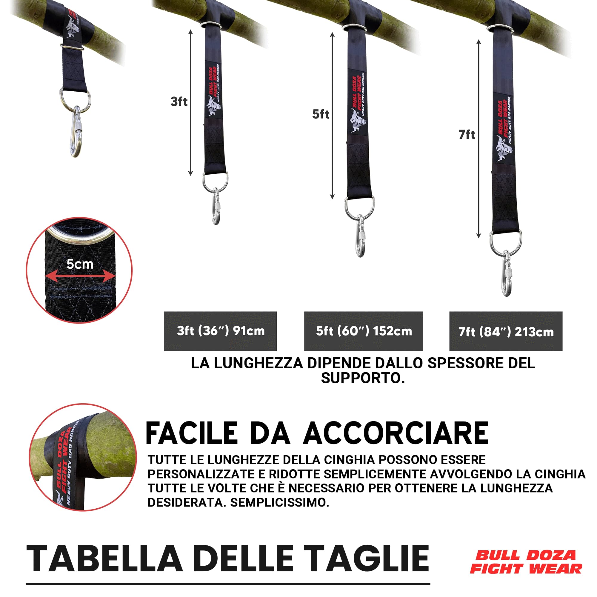 Bull Doza Fight Wear Cinghia per Sacco da Boxe – Silenziosa, Robusta, Antiscivolo – Disponibile in 3 Misure