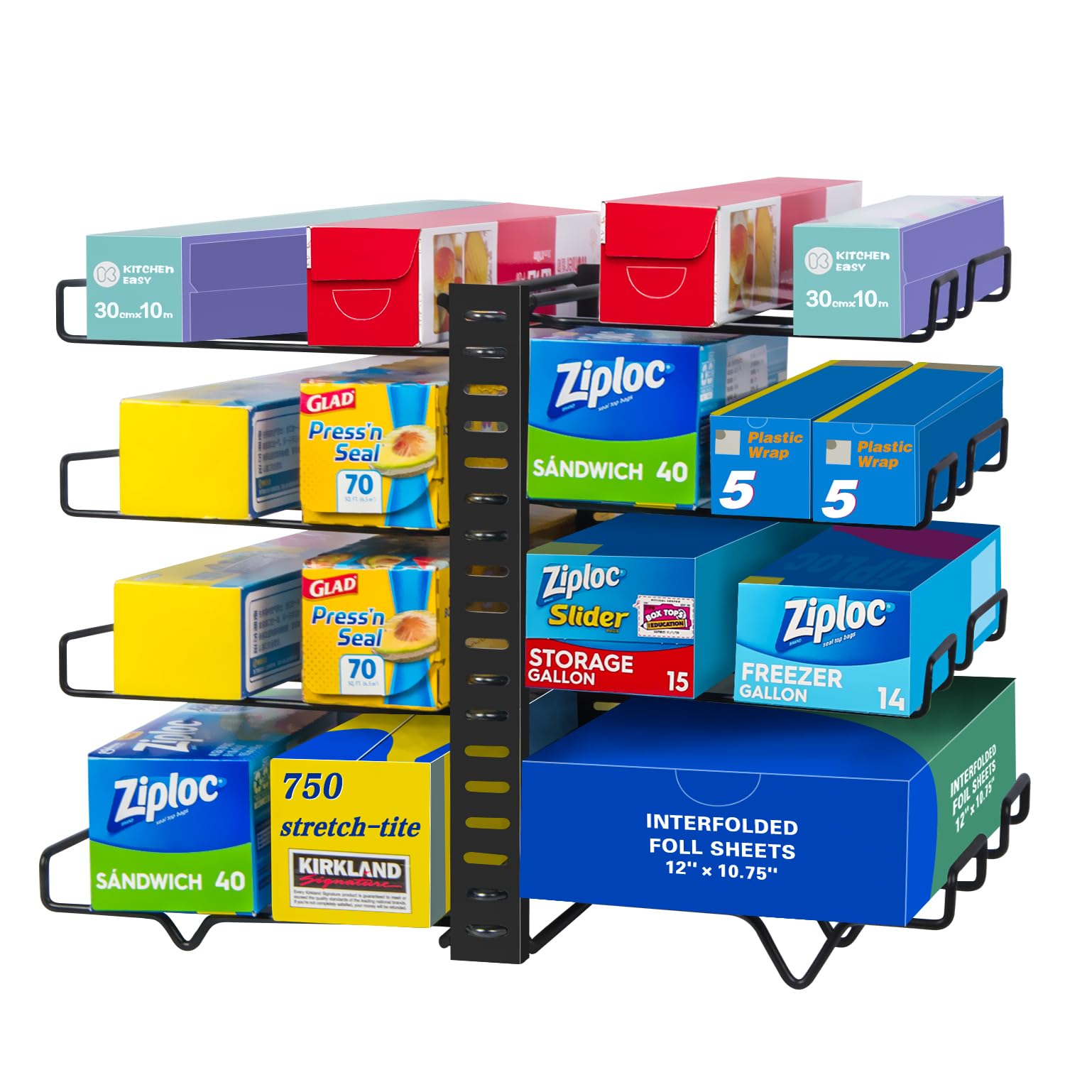 Adjustable Foil and Plastic Wrap Organizer, Aluminum Tin Holder for Kitchen Pantry Organizers and Storage, Plastic Bag Shelf Rack for Cabinet, Countertop Counter, Black