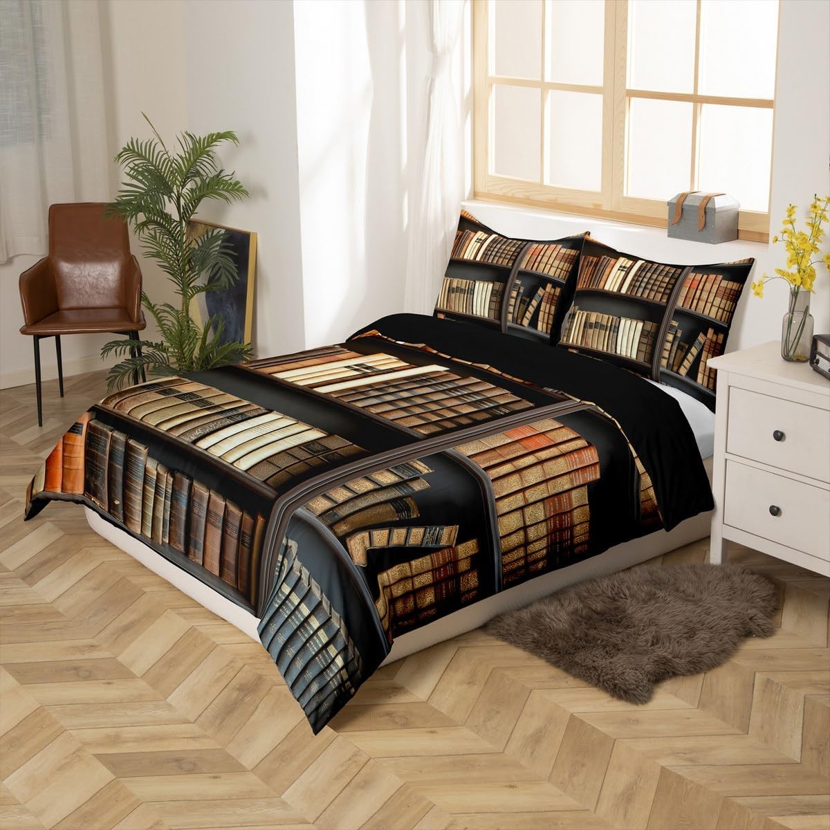 Erosebridal Vintage Bookshelves Bed Set Mystery Library Duvet Cover, Book Lovers Gifts Bedding Set Queen Retro Library Comforter Cover, Preppy Stuff Students Bed Cover with 2 Pillow Case