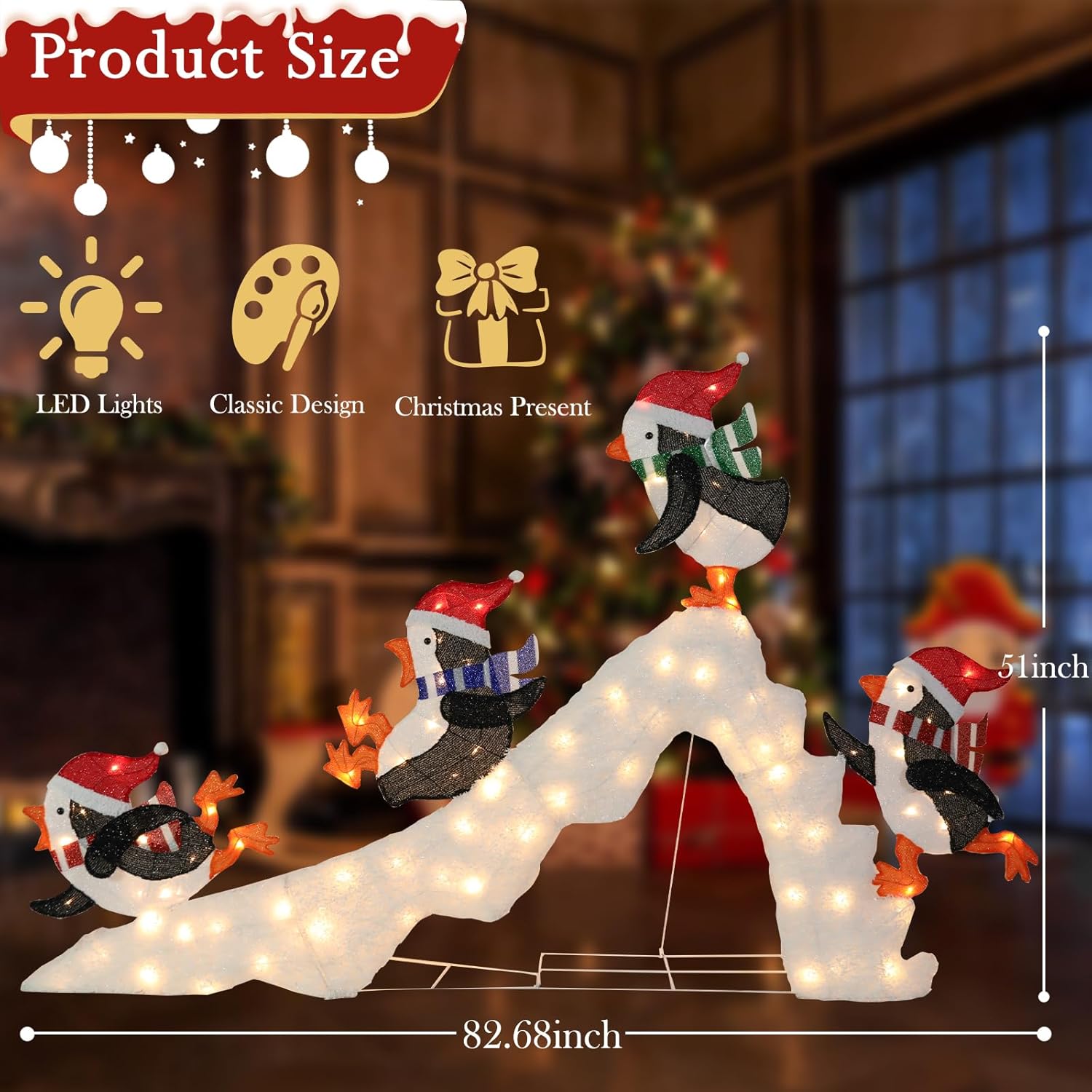 6.88 FT Christmas Lighted Penguins Play on Slide Outdoor Decorations Glittered Penguin Decor with 100 Warm White LED Lights Pre Lit Pop up for Indoor Outdoor Home Yard Garden Lawn Xmas Holidays Decor
