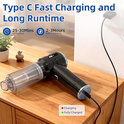Miniatura 6 de Sycoodeal Aspiradora de mano para automóvil, 25000 PA, fuerte succión ciclónica, portátil, mini aspiradora inalámbrica con iluminación y pantalla