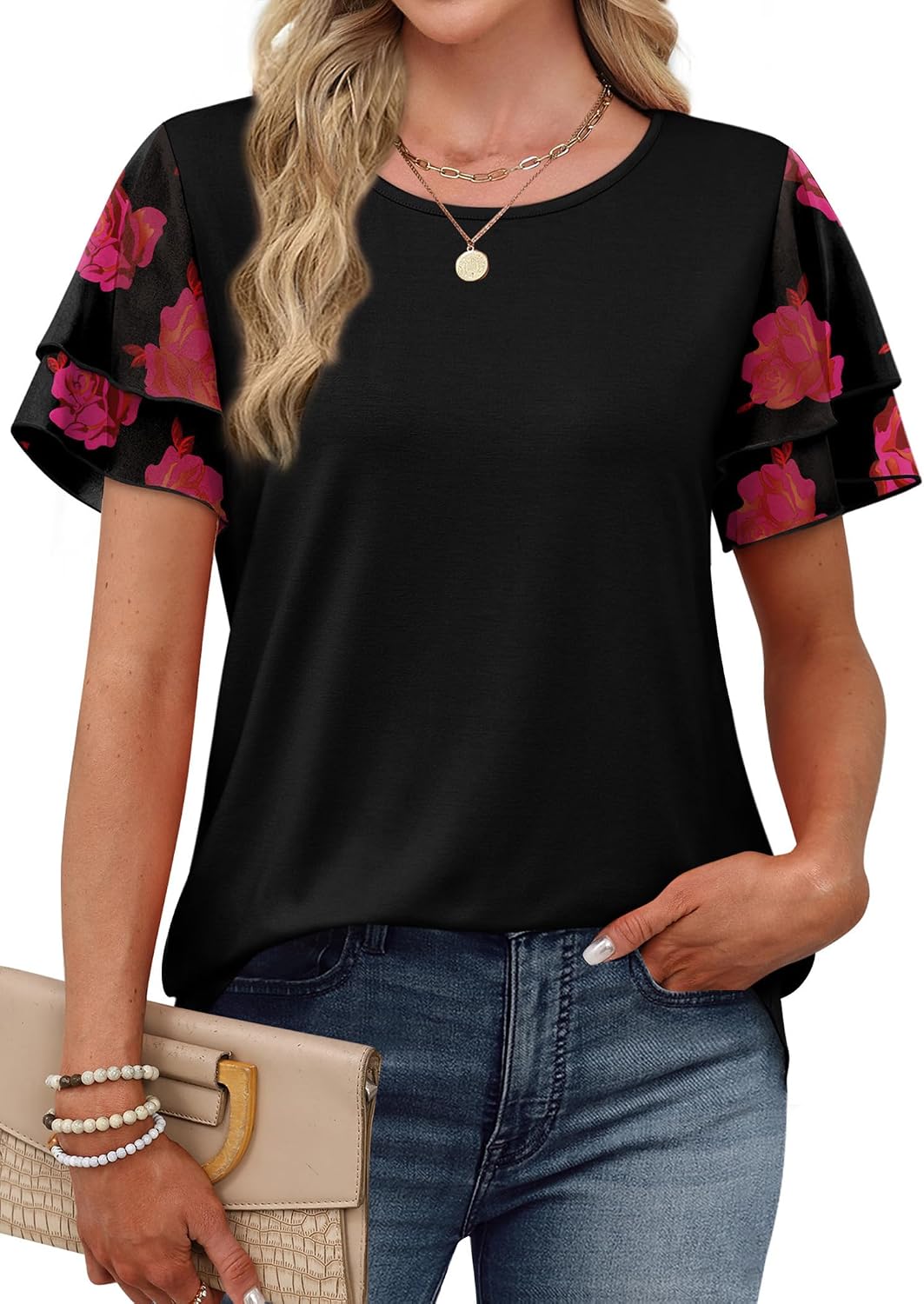 WIHOLL Womens Summer Tops Trendy Ruffle Sleeve Shirts Casual Chiffon Blouses Beach Vacation Clothes