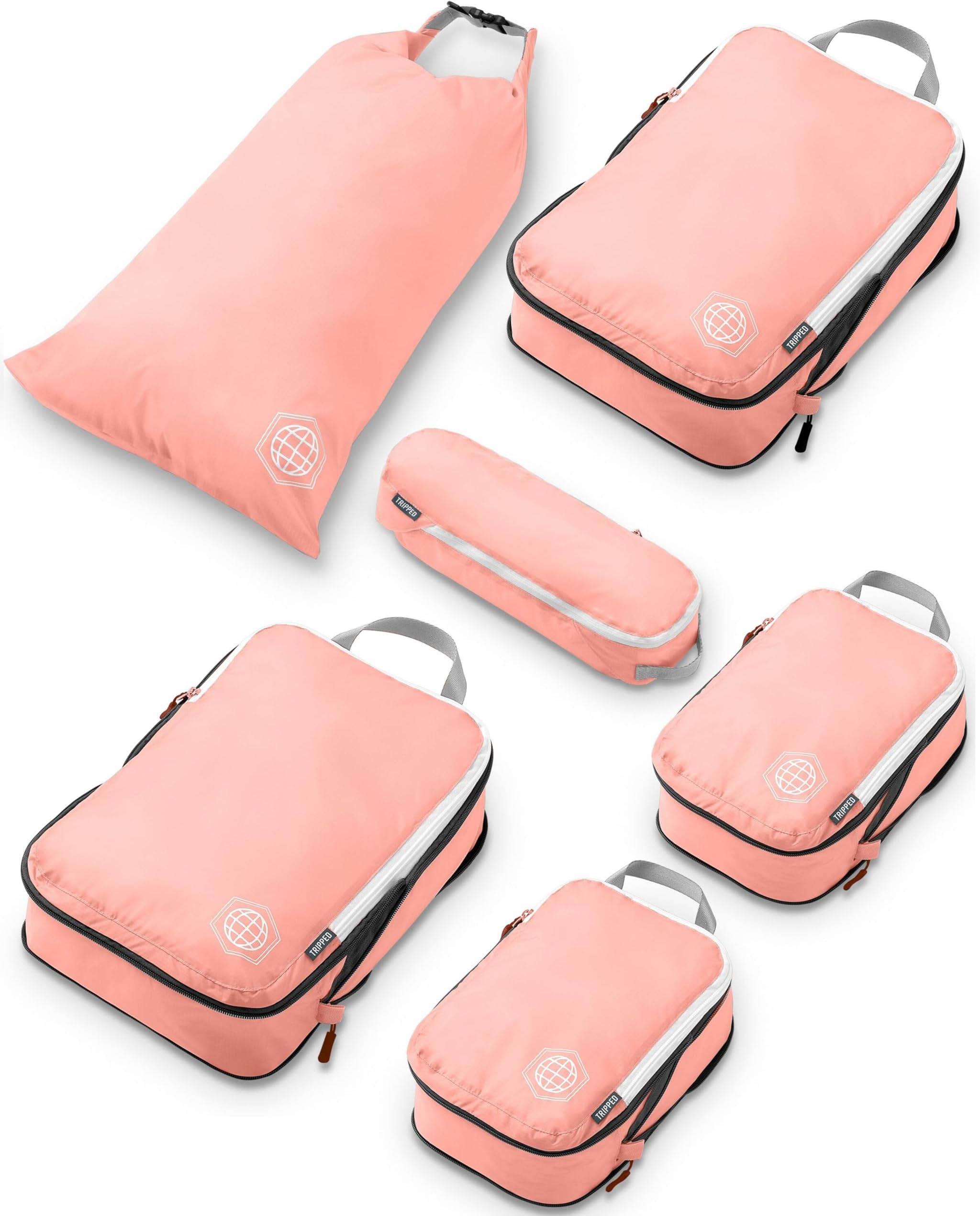 Compression Packing Cubes 6 Piece Set for Travel - Lightweight, Durable Clothes Organizer for Carry-On Luggage and Backpacks by TRIPPED Travel Gear (Coral Rose).