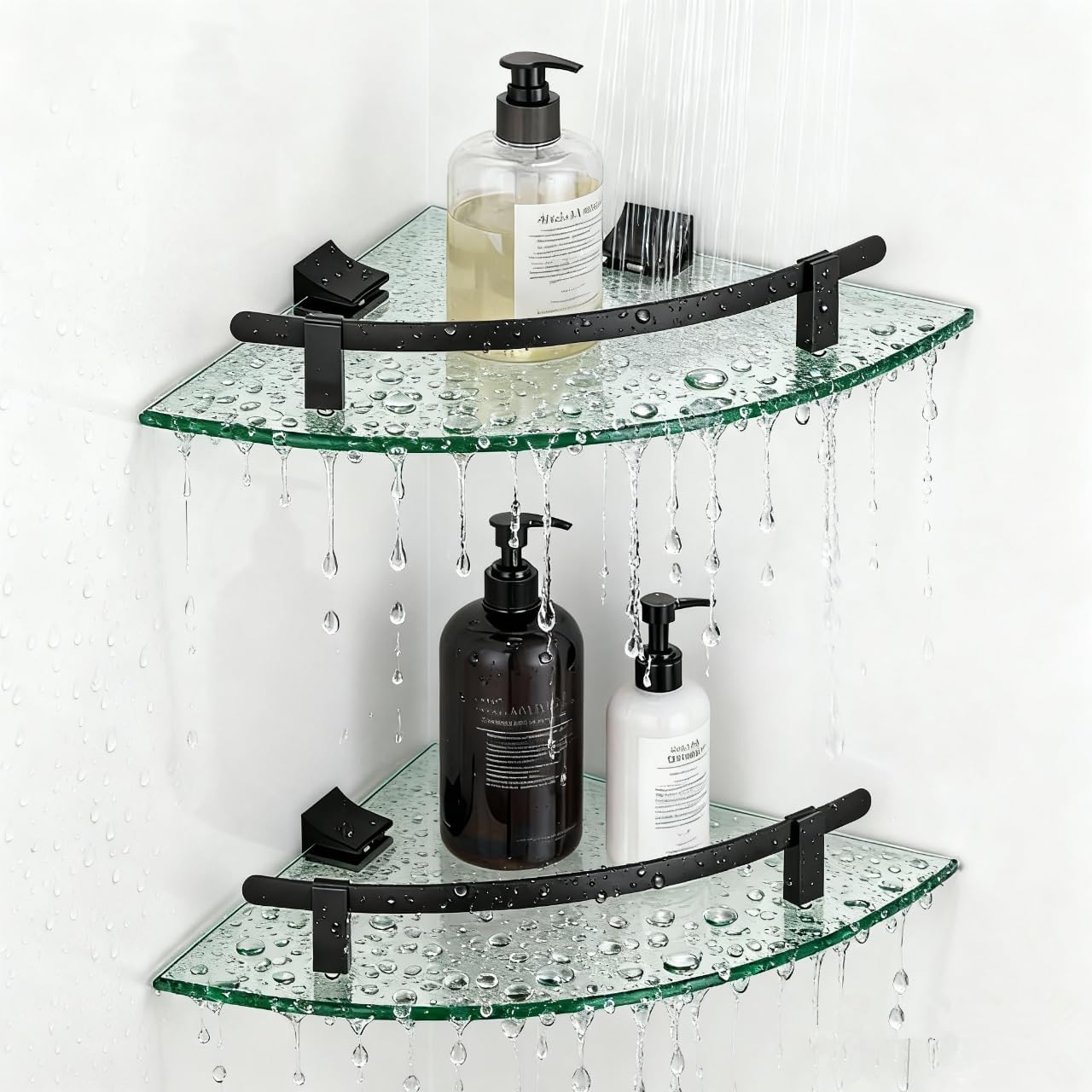 Glass Corner Shelves, 2-Pack Heavy Duty Tempered Glass Bathroom Shelf Wall Mounted with Aluminum Brackets Floating Organizer for Shampoo Soap Drilling Installation (20 lbs Capacity)