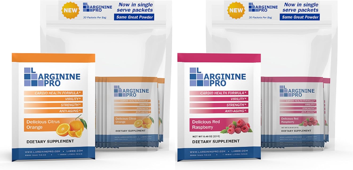 L-ARGININE PRO 2-Pack of 30 Single Serve Packs (60 Packets in Total) Orange & Raspberry That are Great Tasting! | Blood Flow | Pre-Workout Drink | with Vitamins C, B6, B12, K & More