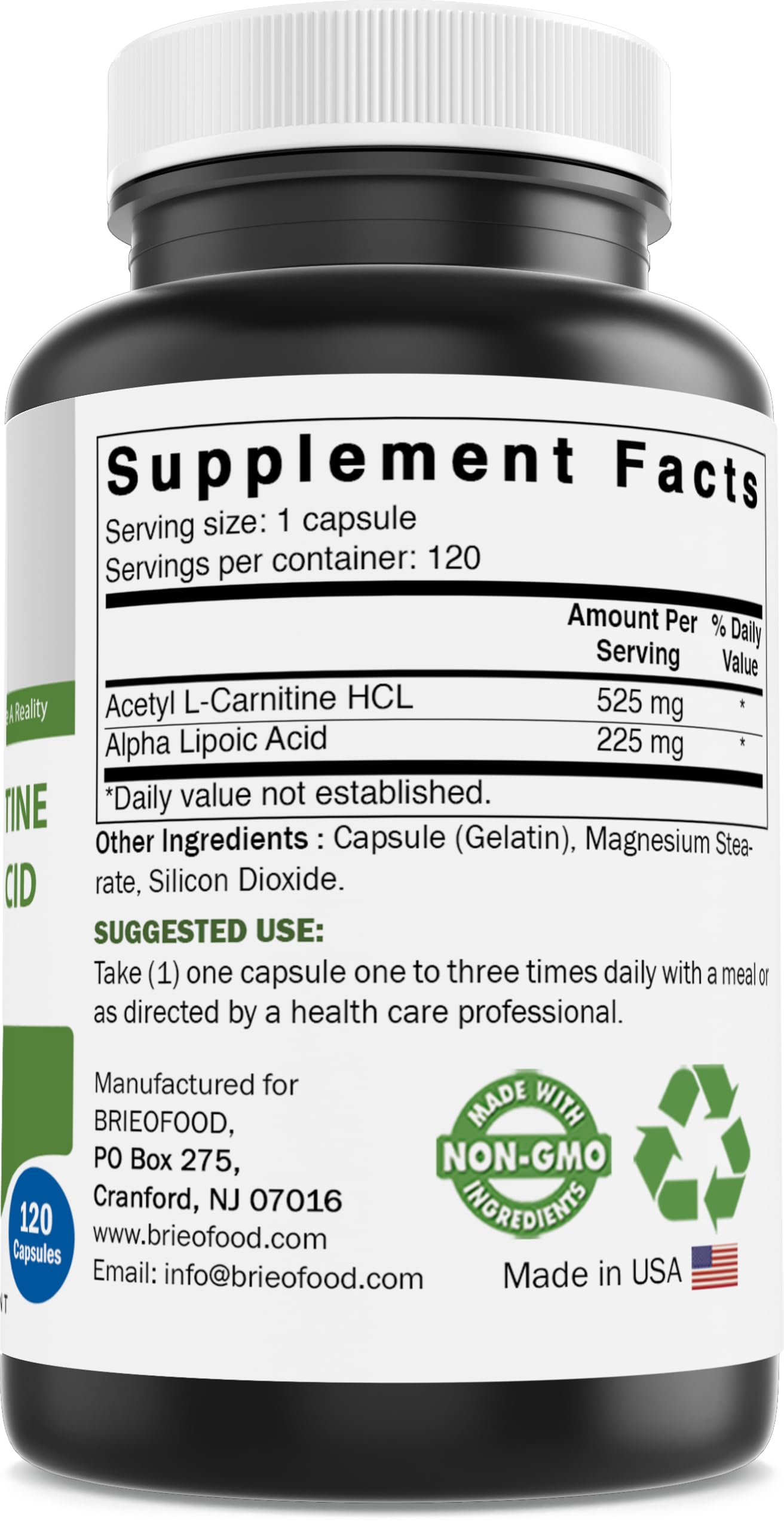 Brieofood Acetyl L-Carnitine Alpha Lipoic Acid (ALA ALC) 750 mg 120 Capsules — Amazon image 5