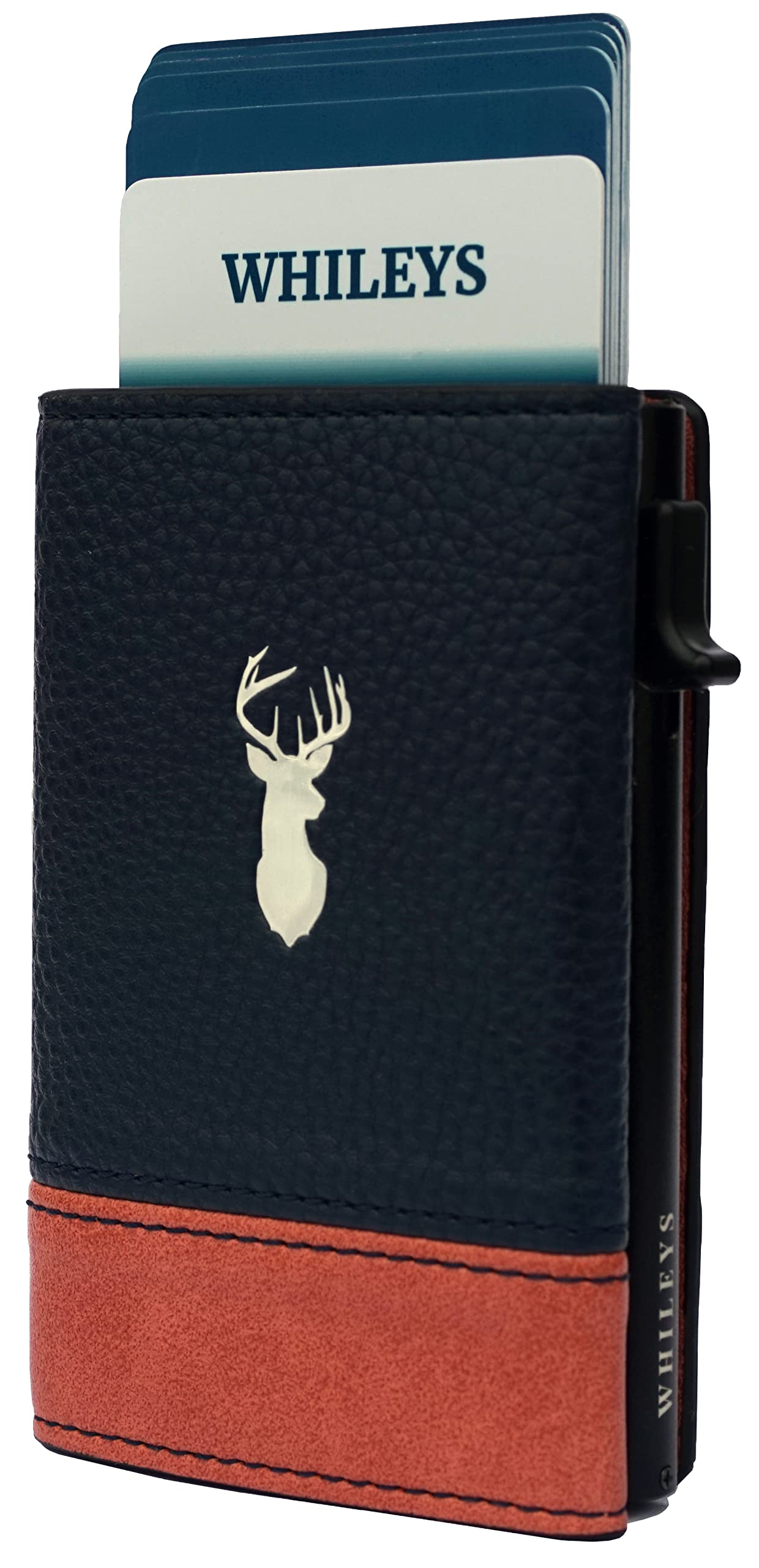 WhileysNavy and Orange Aesthetic Pop-Up Wallet: RFID Blocking, Eco-Friendly Synthetic Leather Trifold Wallet with Spacious Card Holder and Handy Zipper Pocket., Navy and Orange, Unique and