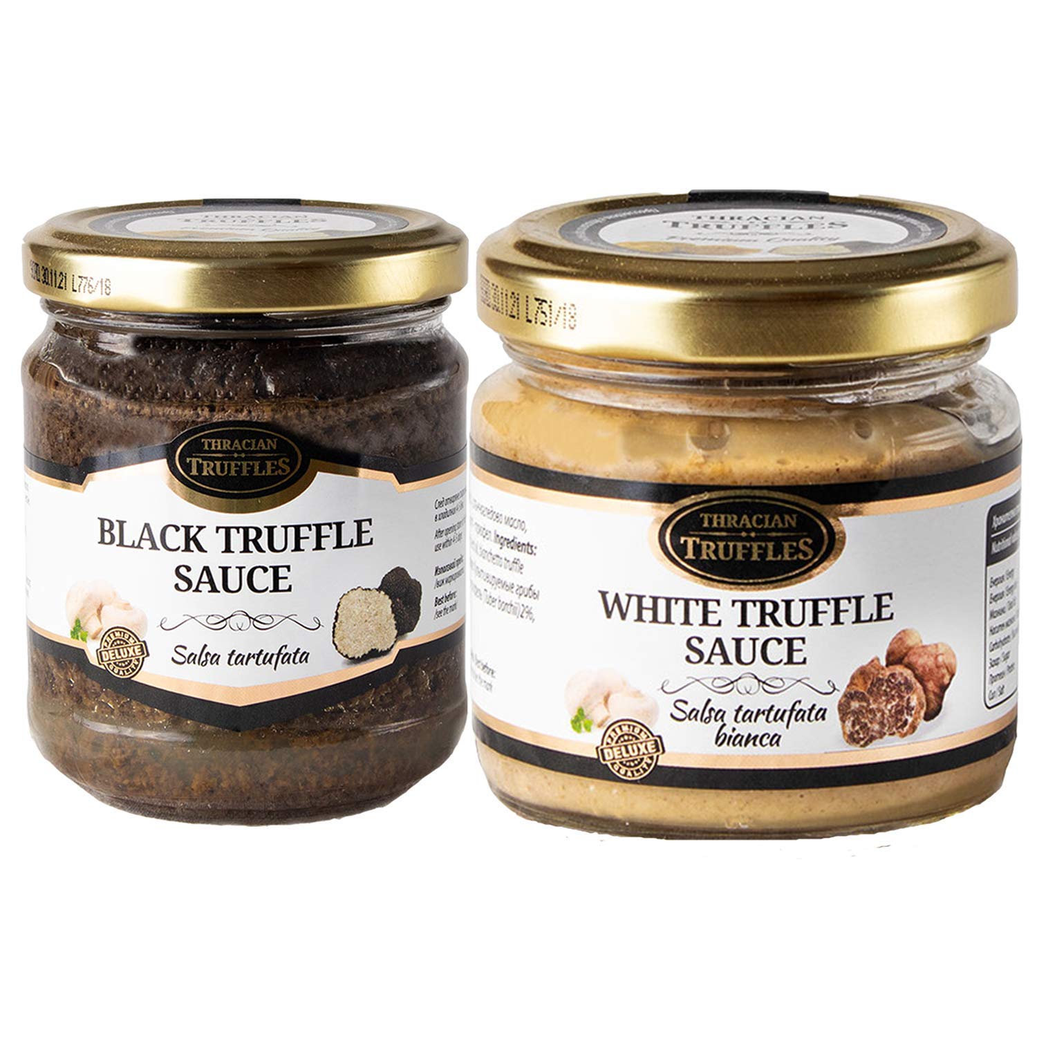Truffe d'été noire Tuber aestivum Sauce GOURMET 80g et Truffe blanche Tuber borchii Sauce Gourmet pour viande, pain grillé, risotto, sushi 170g