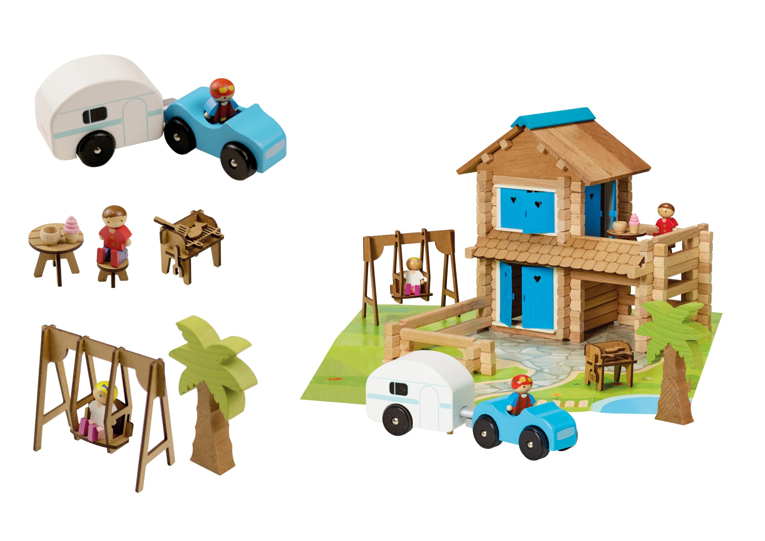 Jeujura - Maison de Vacances 185 Pièces - Jeu de Construction 5 Ans - 8017 | Jeu en bois enfant - Personnages et accessoires inclus - Valisette de rangement - Imagination - Fabriqué en France