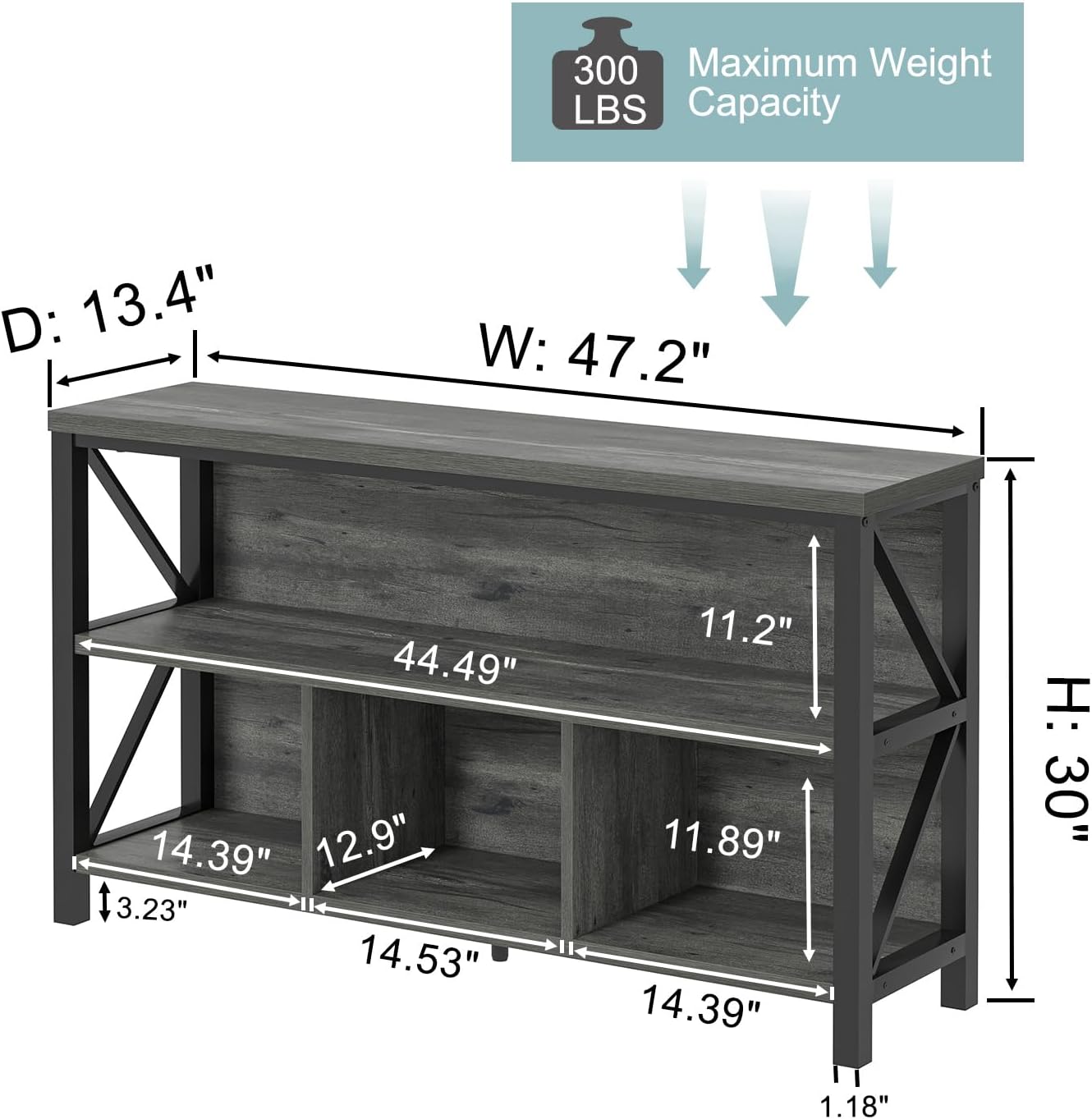 EXCEFUR Modern Horizontal Bookshelf, Industrial Metal & Wood Bookcase for Display, Wide 4 Cube Storage Organizer for Home Office Living Room, Low Book Shelf, 47 Inch, Grey