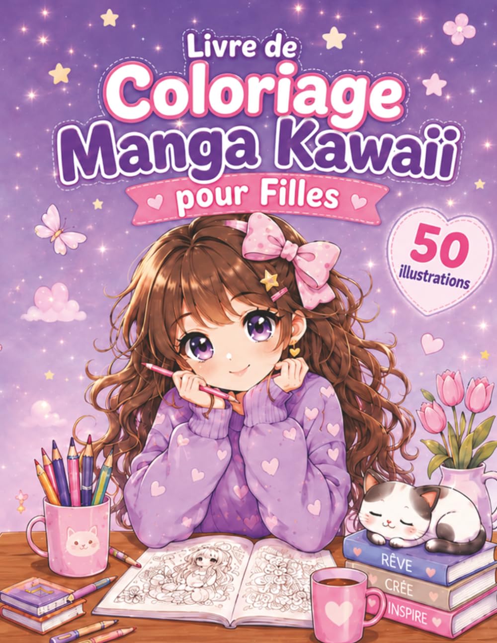 Livre de Coloriage Manga Kawaii pour Filles: 50 dessins adorables à colorier avec personnages manga, scènes cosy, animaux mignons et moments relaxants pour enfants, ados et fans du style japonais