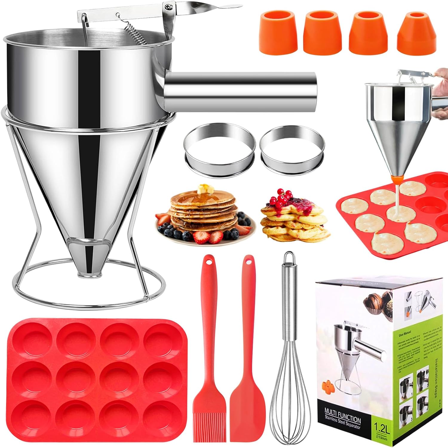 40oz Pancake Batter Dispenser, Stainless Steel Funnel Cake Dispenser with 4 Silicone Nozzles, 2 Muffin Rings, Silicone Muffin Pan, Brush, Scraper, Egg Beater, Great for Cupcakes and Baked Goods