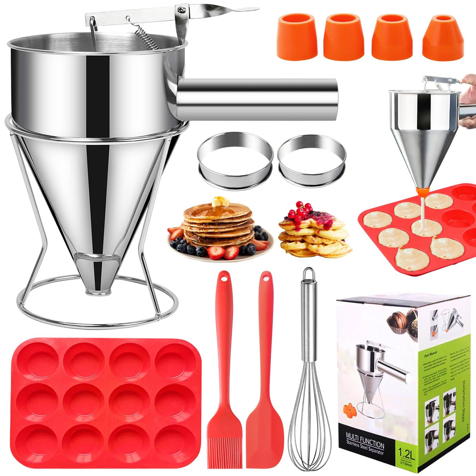 40oz Pancake Batter Dispenser, Stainless Steel Funnel Cake Dispenser with 4 Silicone Nozzles, 2 Muffin Rings, Silicone Muffin Pan, Brush, Scraper, Egg Beater, Great for Cupcakes and Baked Goods