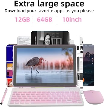 Android 15 Tablet 10 Inch, 2 in 1 Tablet with Keyboard Case, Mouse Stylus, 12GB RAM 64GB ROM 1TB Expansion, Quad Core Processor Tablet PC, 5G WiFi 6, BT5.0, 6000mAh, 1280*800 IPS Screen, Widevine L1, Pink