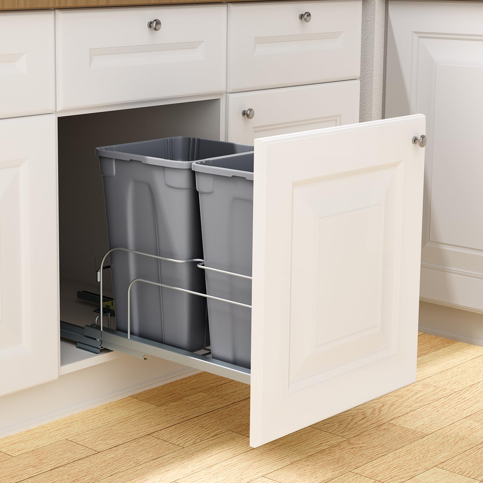 VEVOR ausziehbarer Mülleimer (27 Qt x 2), doppelter Unterbau-Küchenabfallbehälter, Mülleimer mit Türsatz & Soft-Close-Schieberegler, für Küchenschrank Spüle unter der Theke (grau)